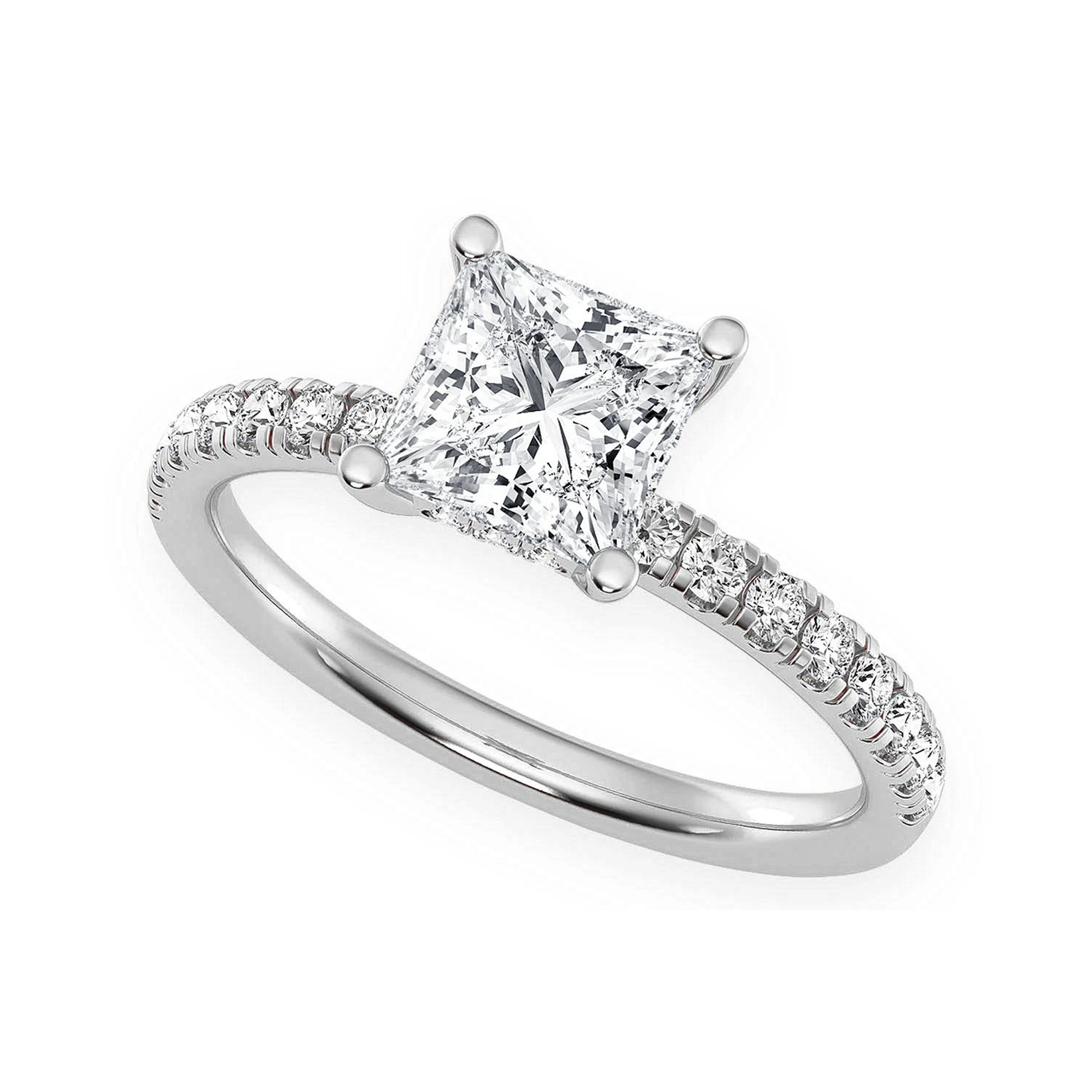 1ct Princess Cut Under Halo Diamond Ring in 14K white gold, angled view