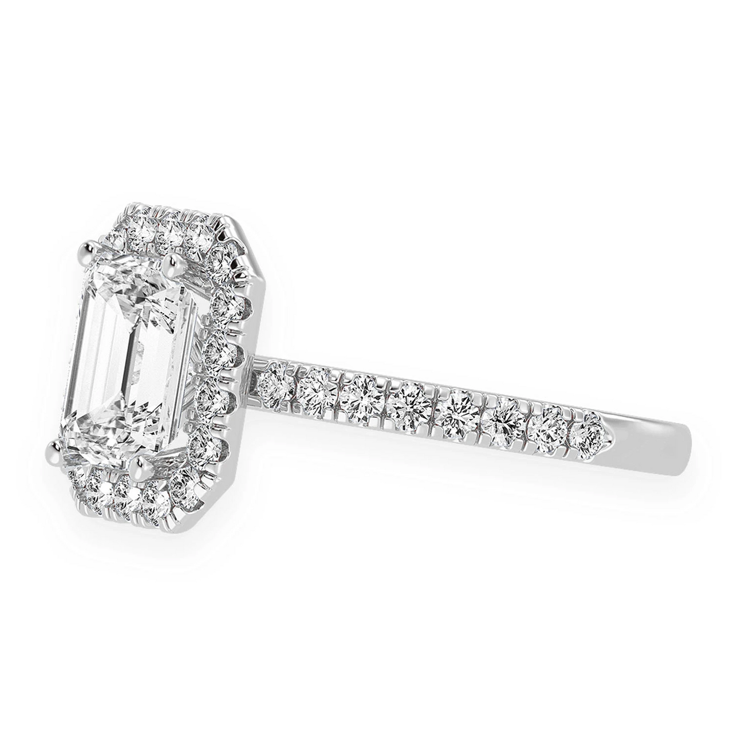 1ct Emerald Cut Scallop Halo Diamond Engagement Ring in 14K white gold, detail view