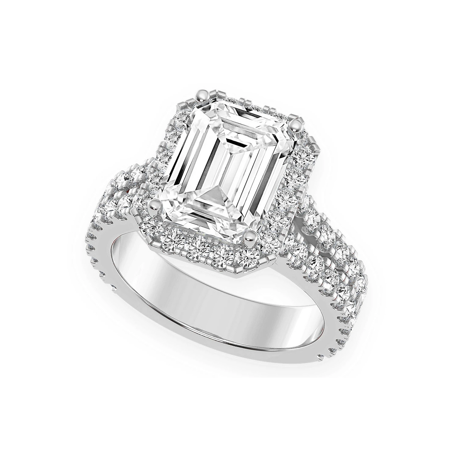 3ct Emerald Cut Split Shank Halo Diamond Engagement Ring in 14K white gold, angled view