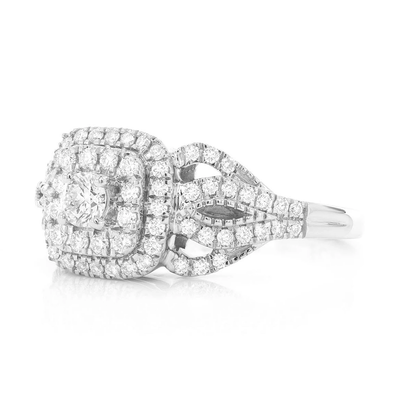 Fancy Shank Cushion Double Halo Ring in 14K white gold, side view