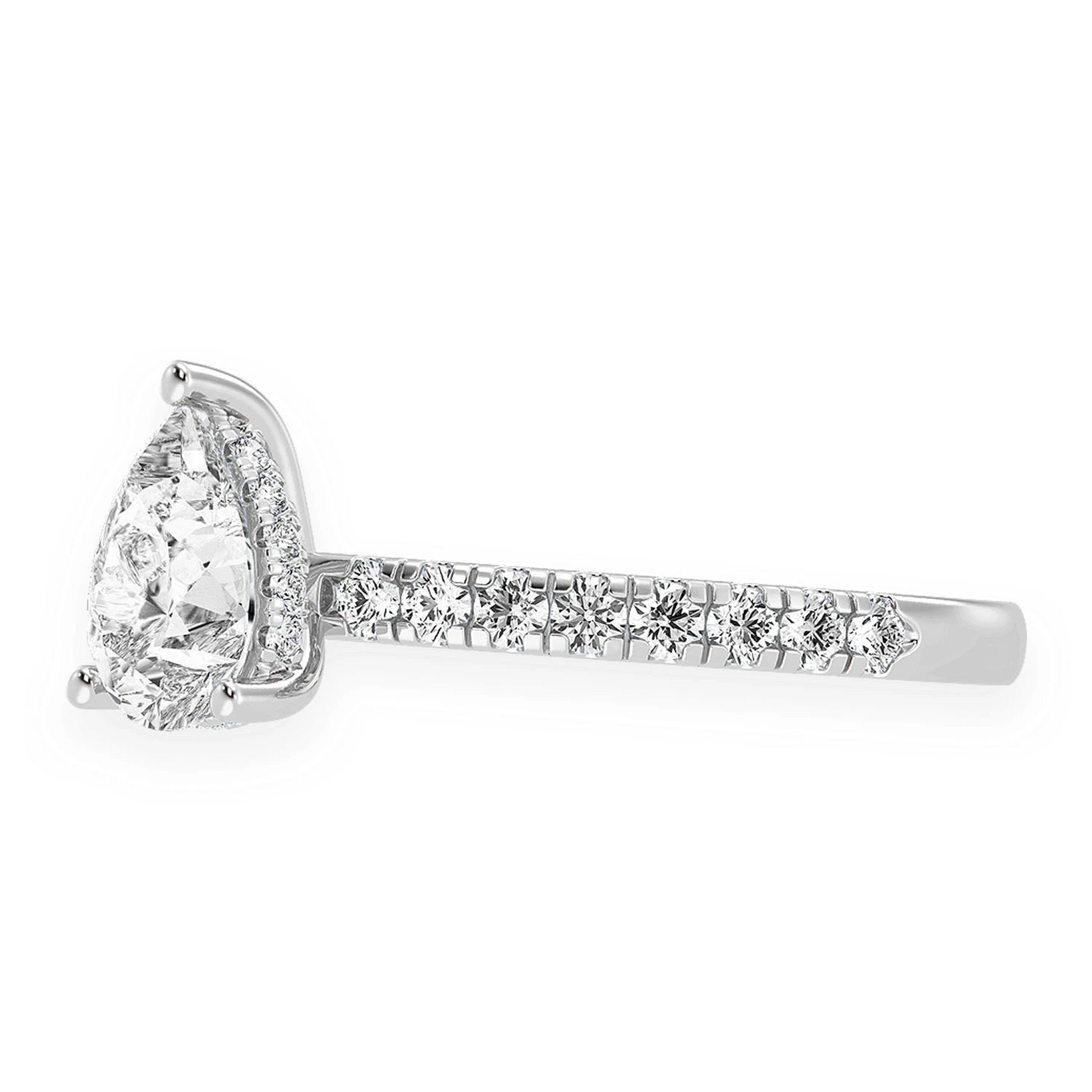 Pear Solitaire One Row Under Halo Ring in 14K white gold, detail view