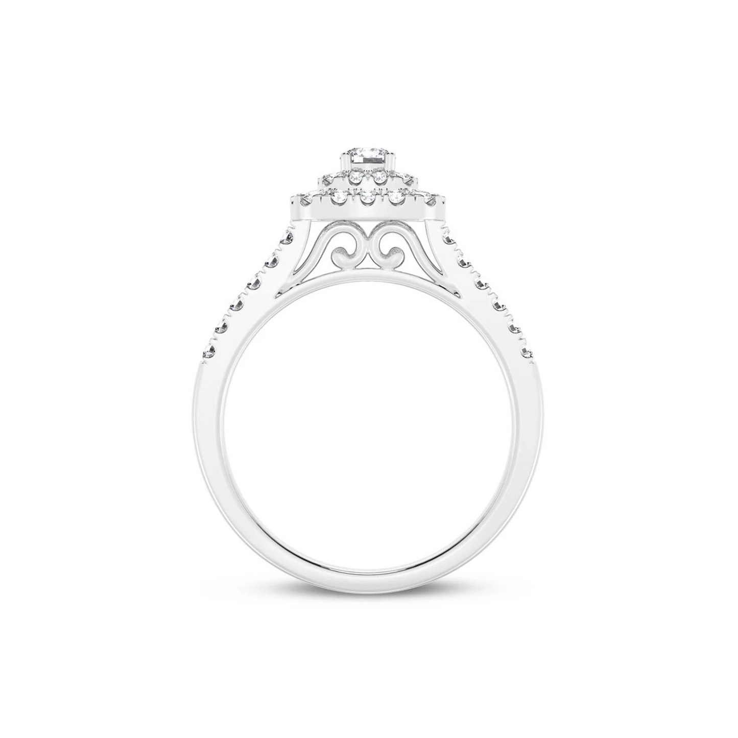 Three Layer Square Halo Engagement Ring in 14K white gold, detail view