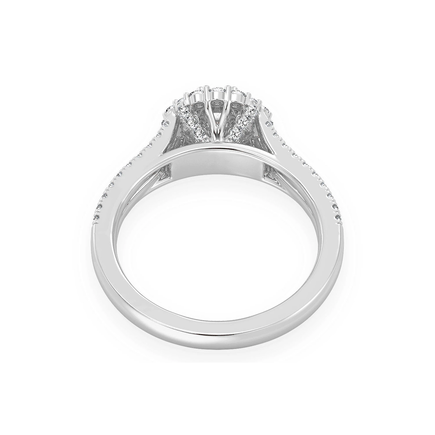 Split Shank Round Double Halo Ring in 14K white gold, detail view