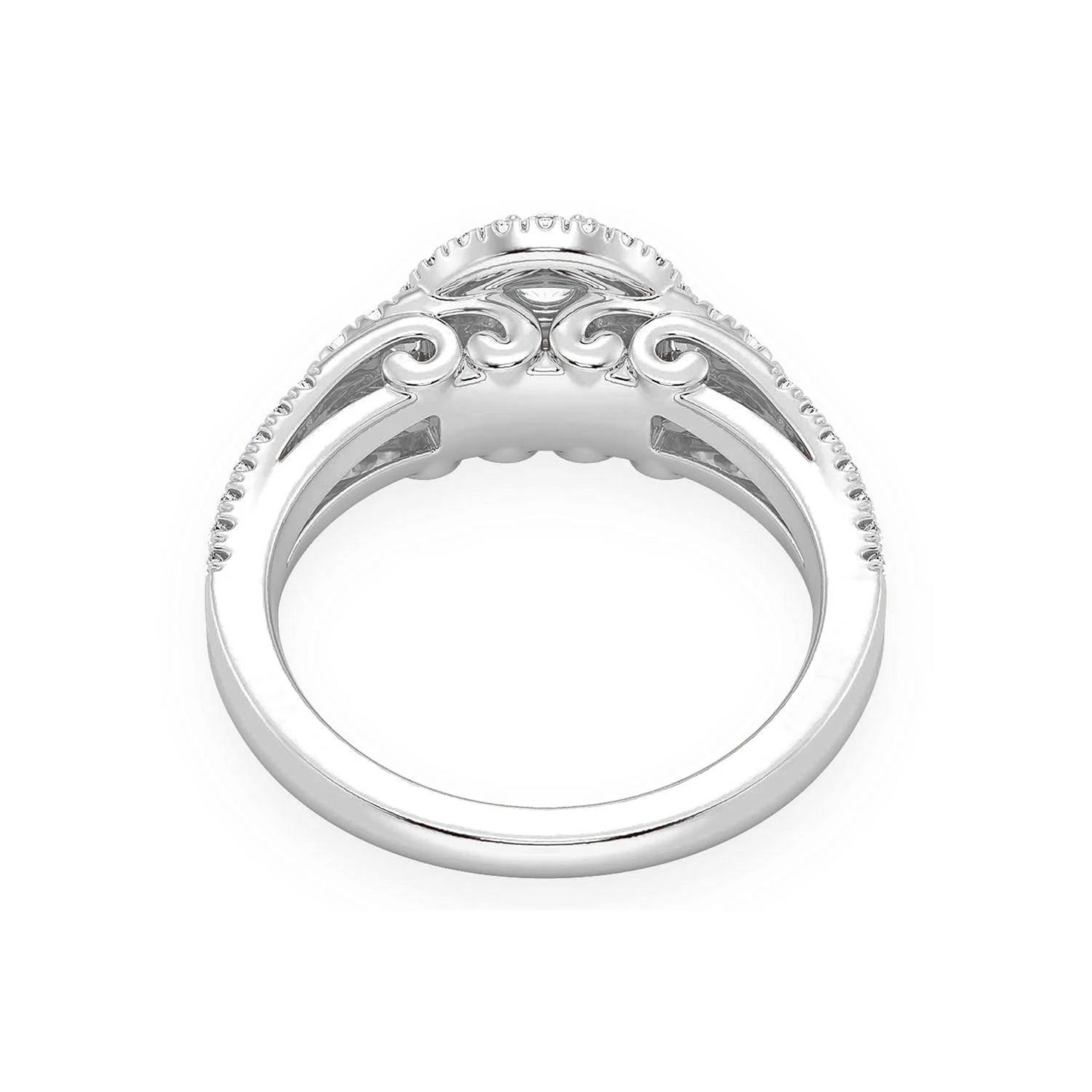 Fancy Shank Tiered Halo Ring in 14K white gold, detail view