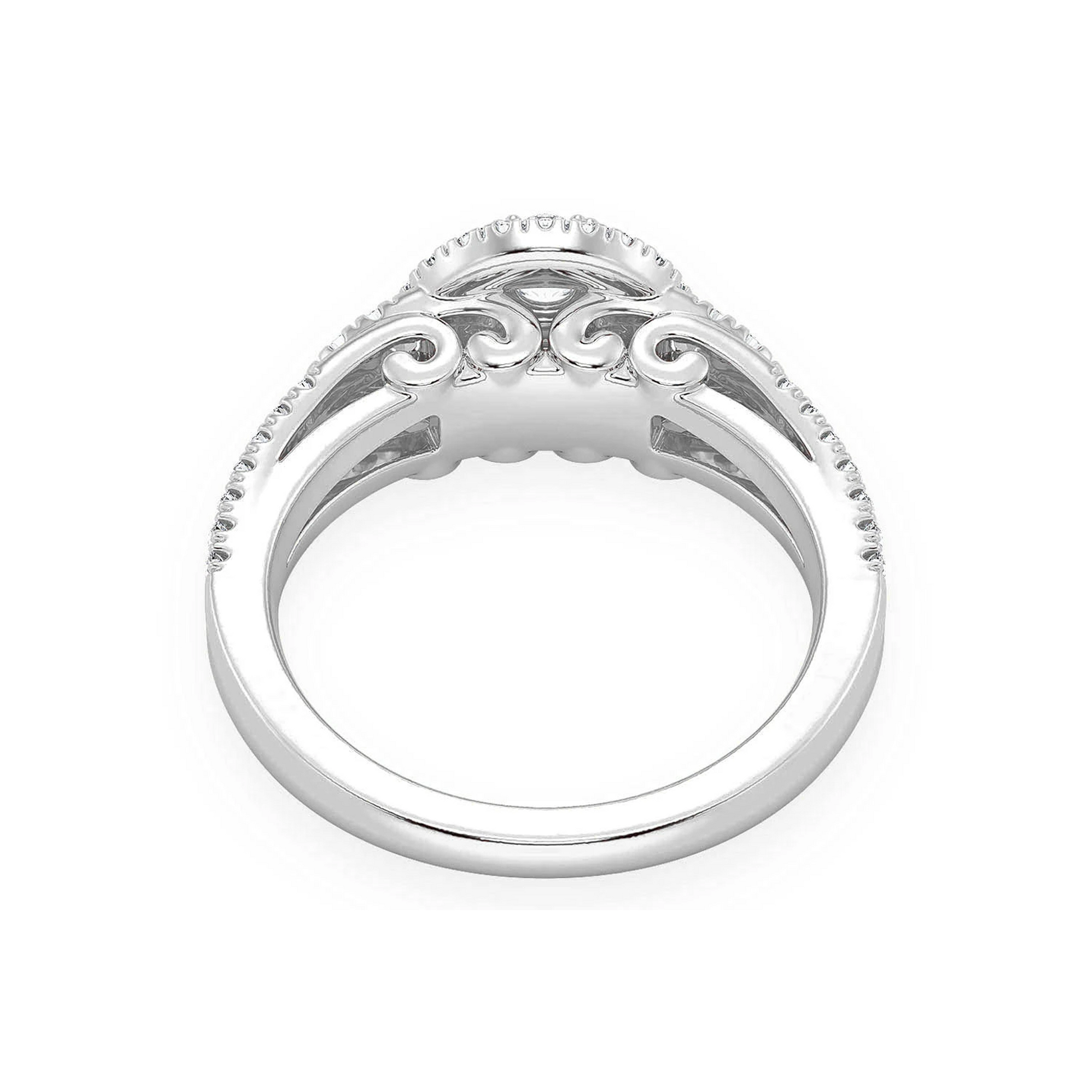 Fancy Shank Tiered Halo Ring in 14K white gold, detail view