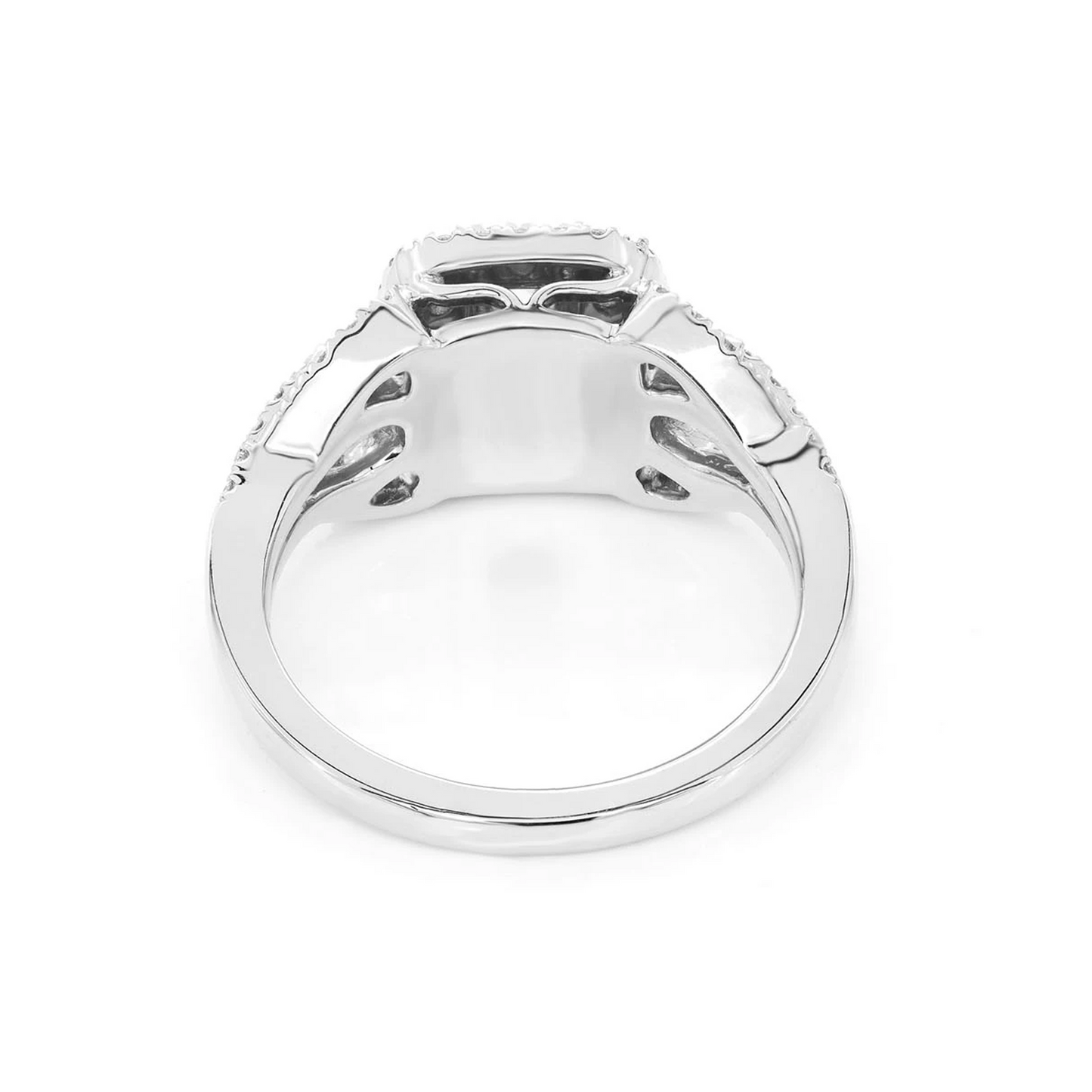Fancy Shank Cushion Double Halo Ring in 14K white gold, detail view