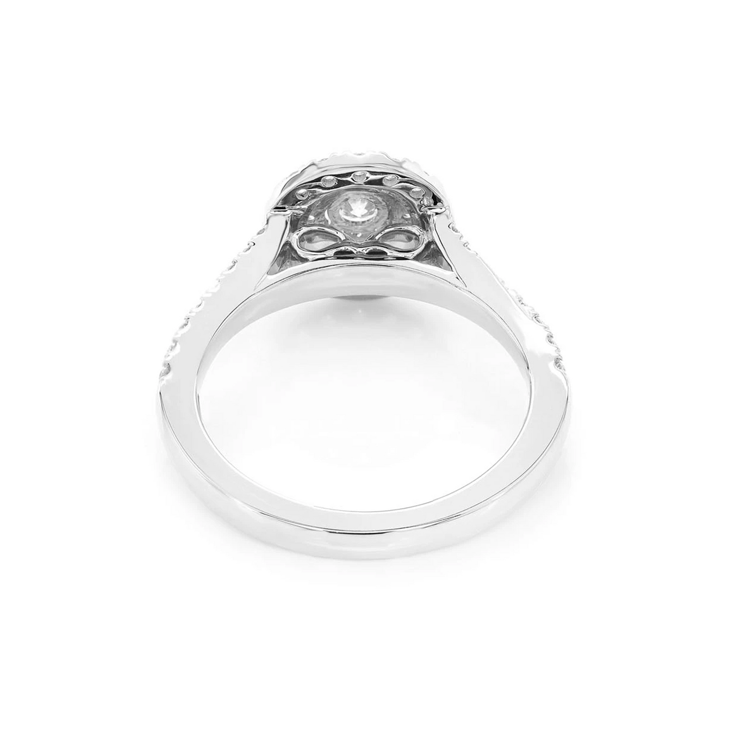 Classic Round Double Halo Diamond Ring in 14K white gold, detail view