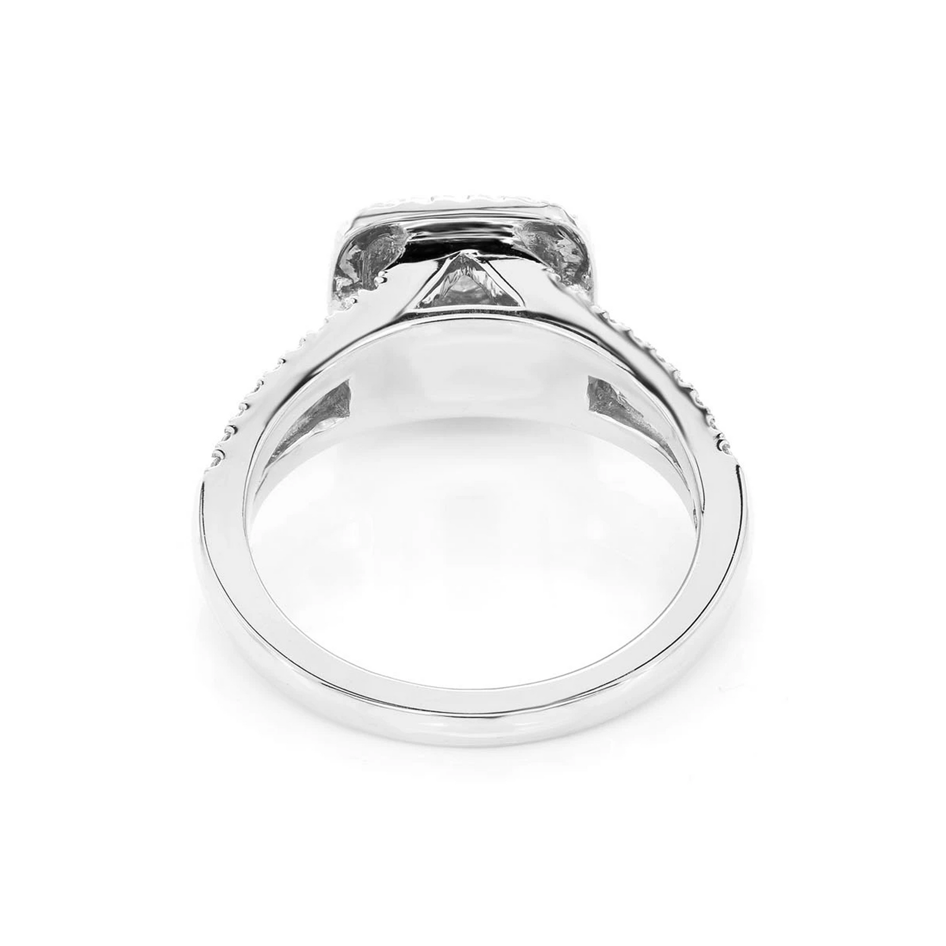 Classic Two Tier Cushion Halo Diamond Ring in 14K white gold, detail view