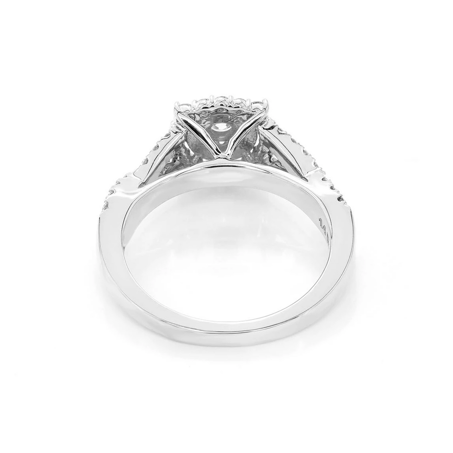 Split Shank Unique Halo Diamond Engagement Ring in 14K white gold, detail view