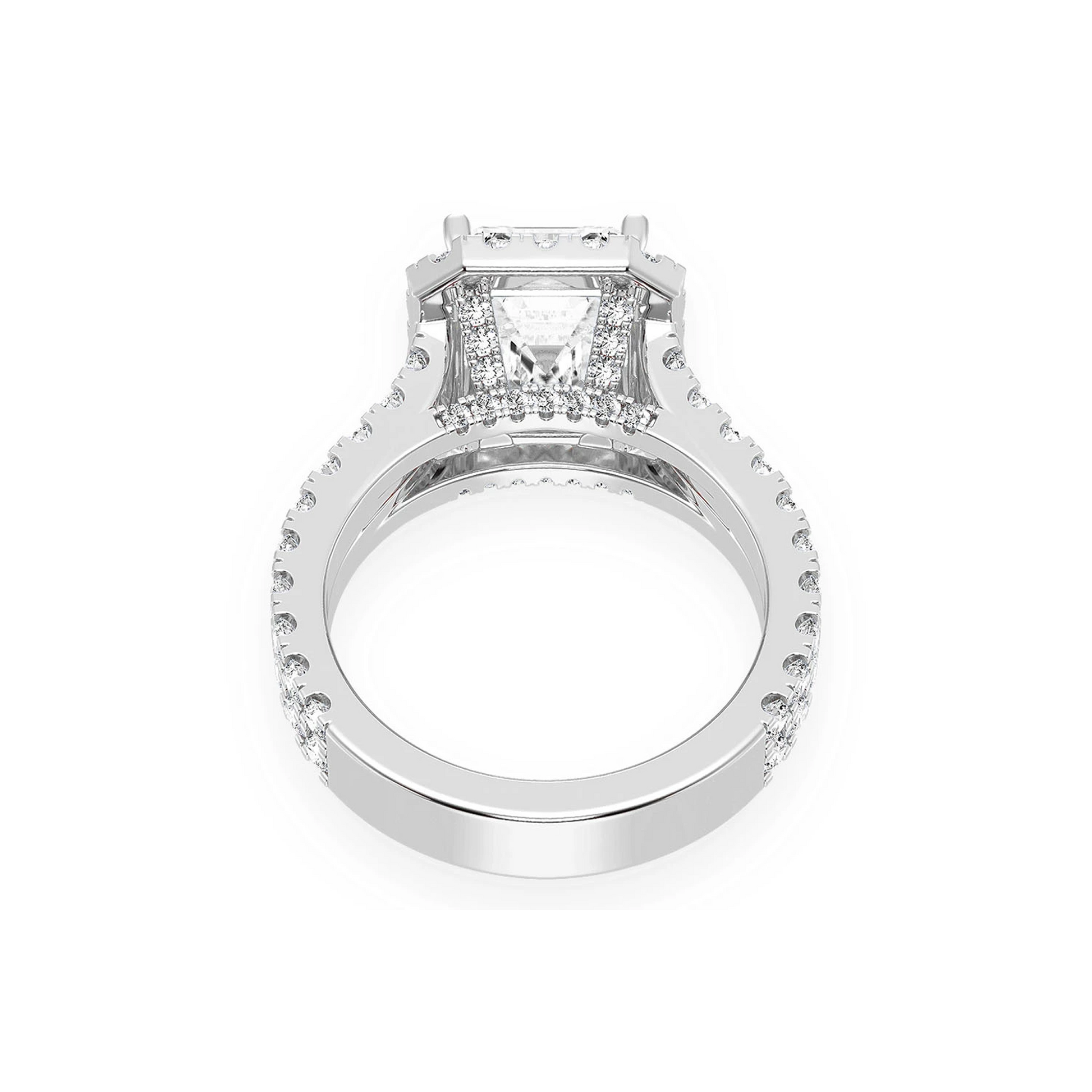 3ct Emerald Cut Split Shank Halo Diamond Engagement Ring in 14K white gold, alternate view