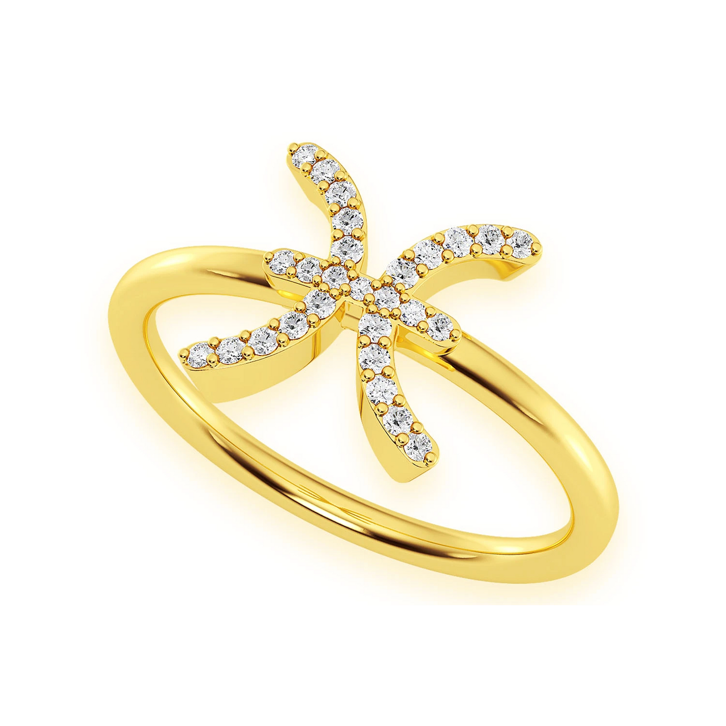 Zodiac Diamond Ring in 14K yellow gold, Pisces design, detail view