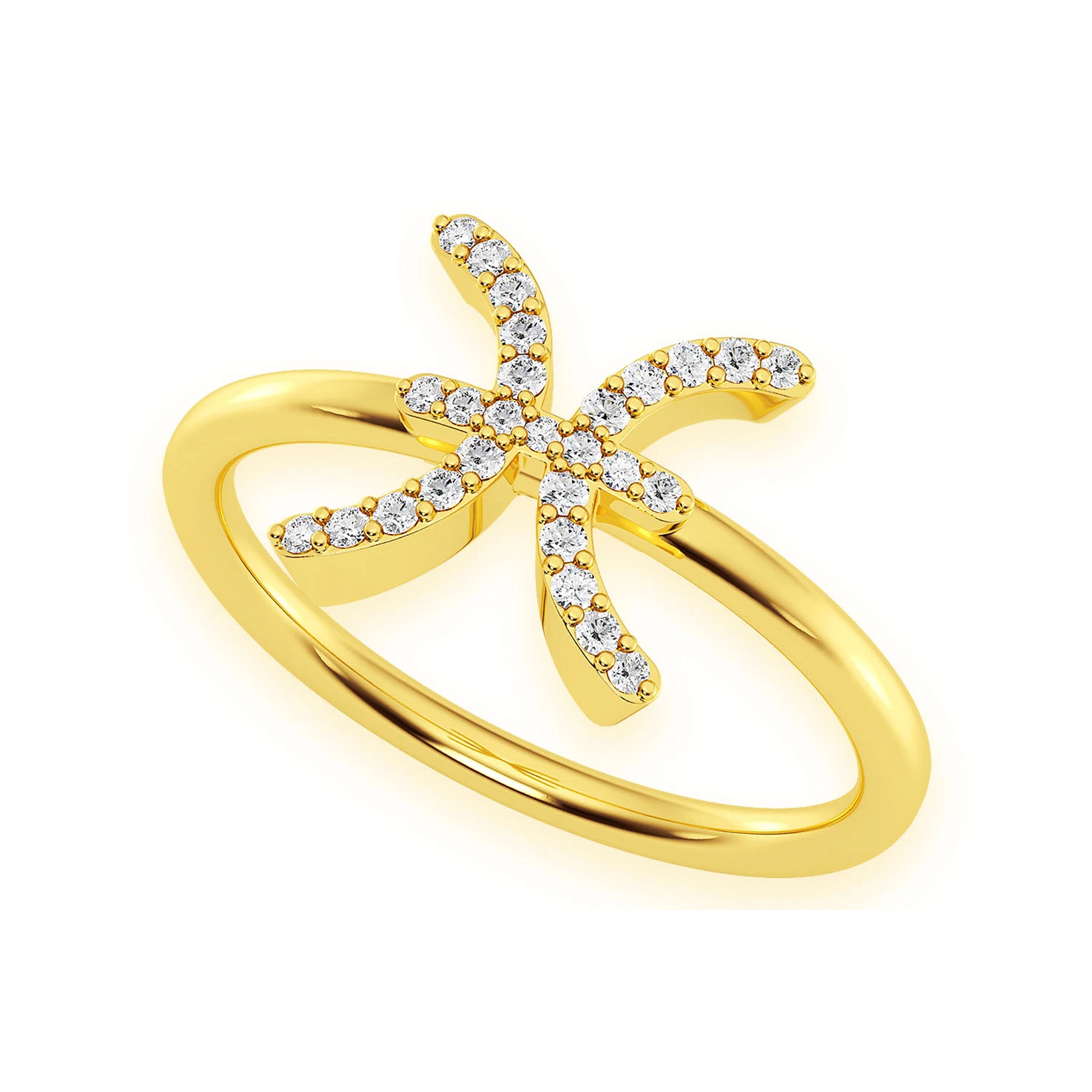 Zodiac Diamond Ring in 14K yellow gold, Pisces design, detail view