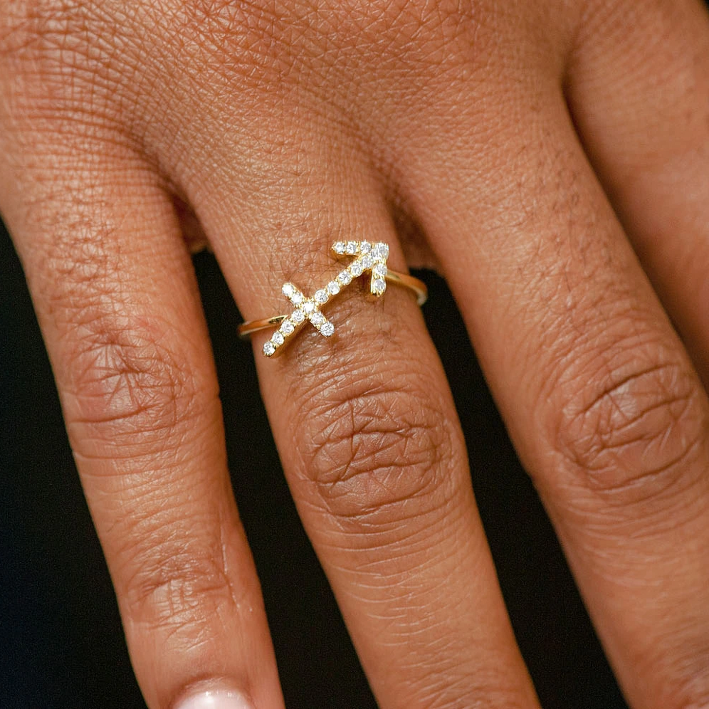 Zodiac Diamond Ring in 14K yellow gold, Sigittarius design, alternate view
