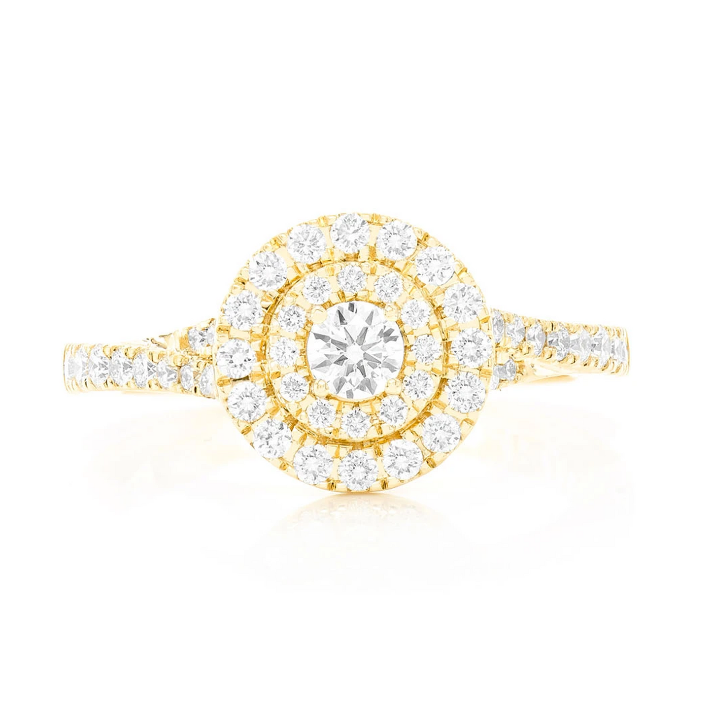 Classic Round Double Halo Diamond Ring in 14K yellow gold, front view