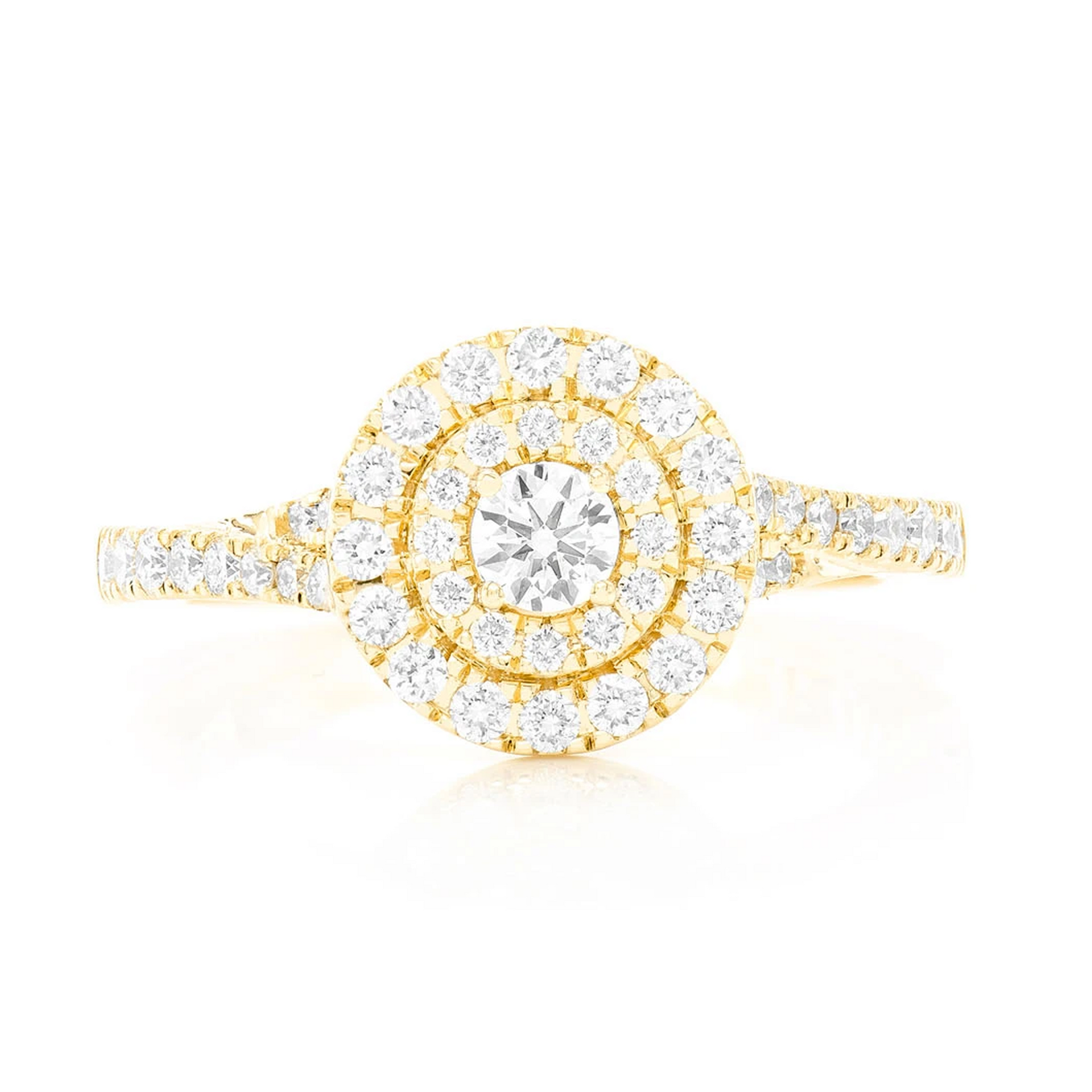 Classic Round Double Halo Diamond Ring in 14K yellow gold, front view