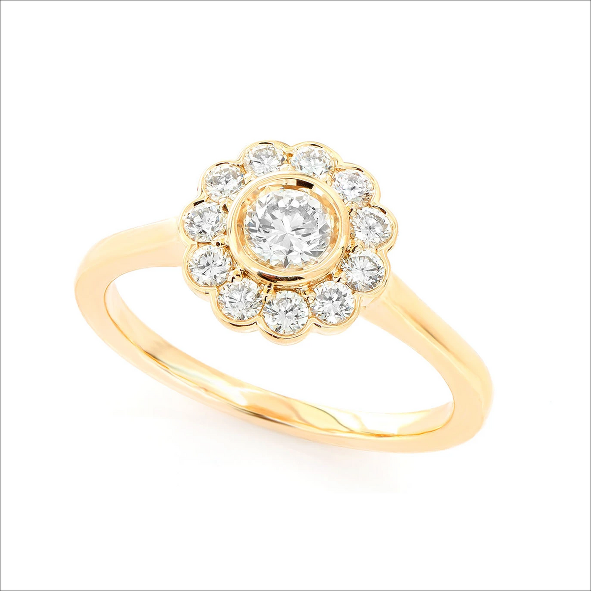 Flower bezel halo diamond ring in 14K yellow gold, angled view
