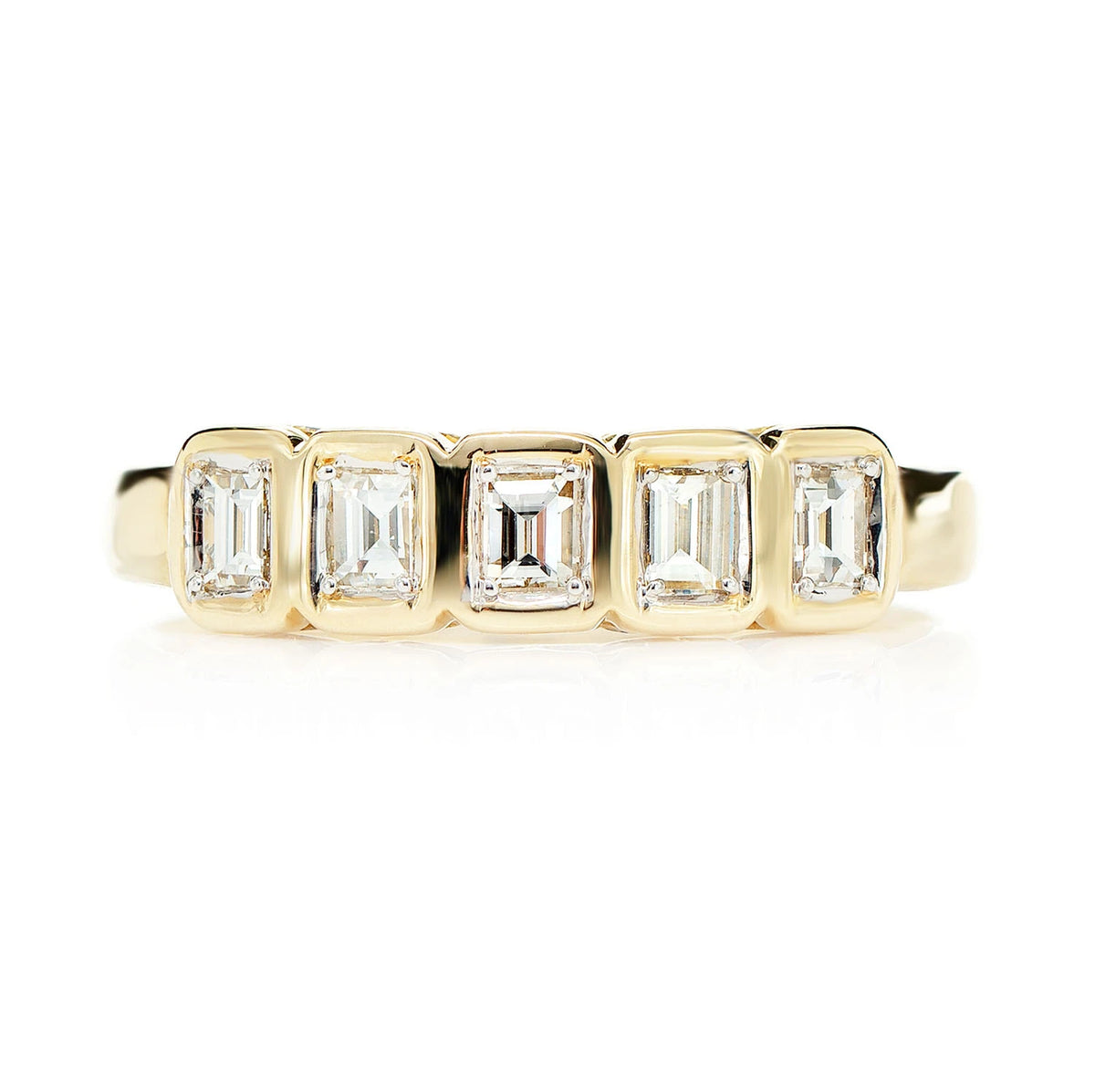 5 Stone Baguette Bezel Ring 14k in yellow gold, angled view