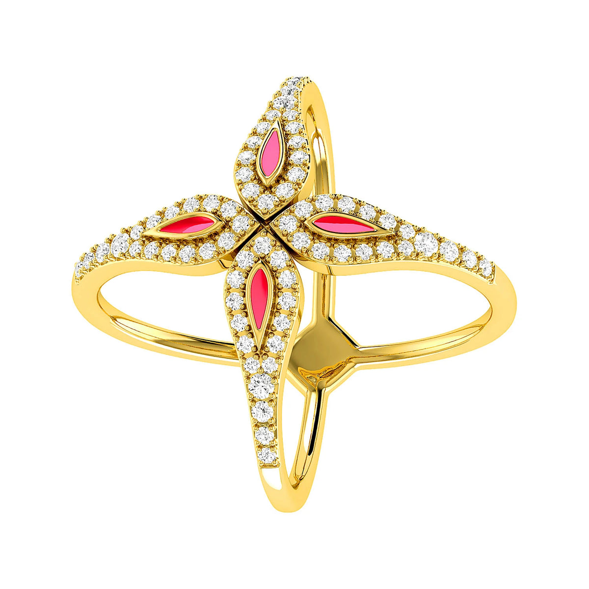 Criss-Cross Pink Enamel Diamond Ring 14k in yellow gold, angled view