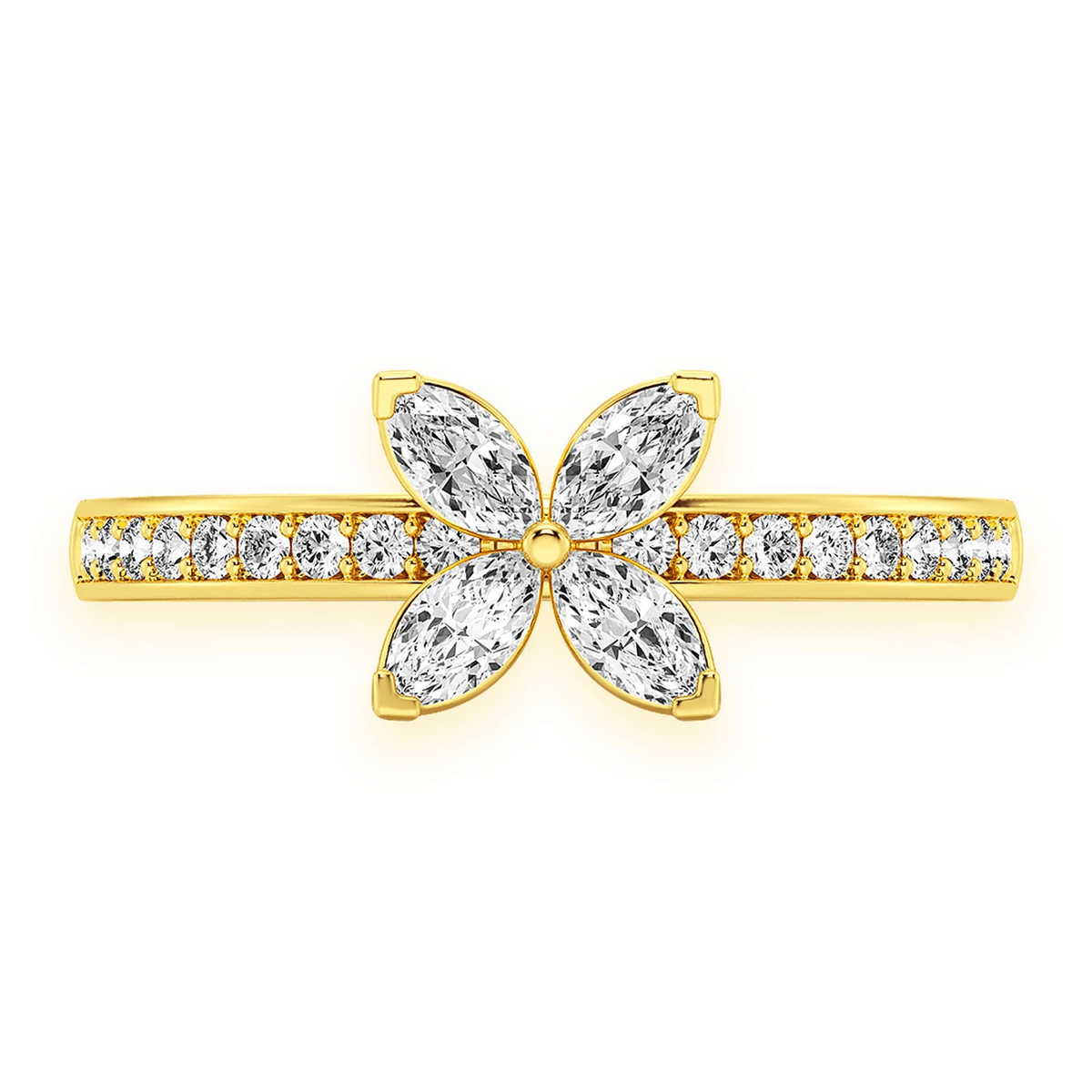 Marquise Flower Diamond Ring 14k in yellow gold, angled view