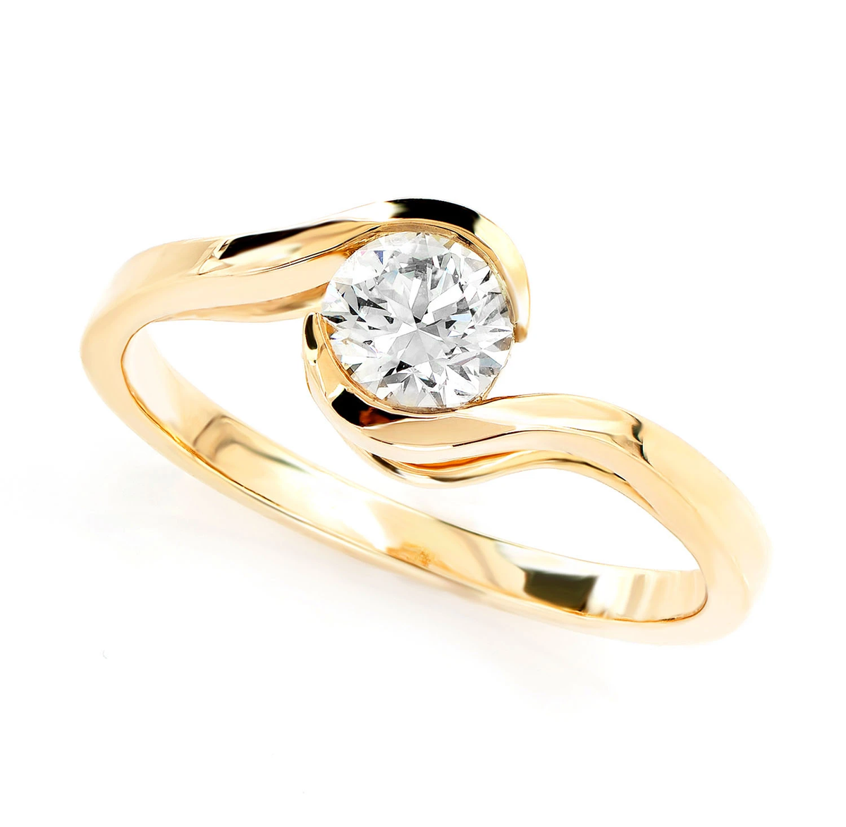 Bypass solitaire engagement ring in 14K yellow gold, angled view