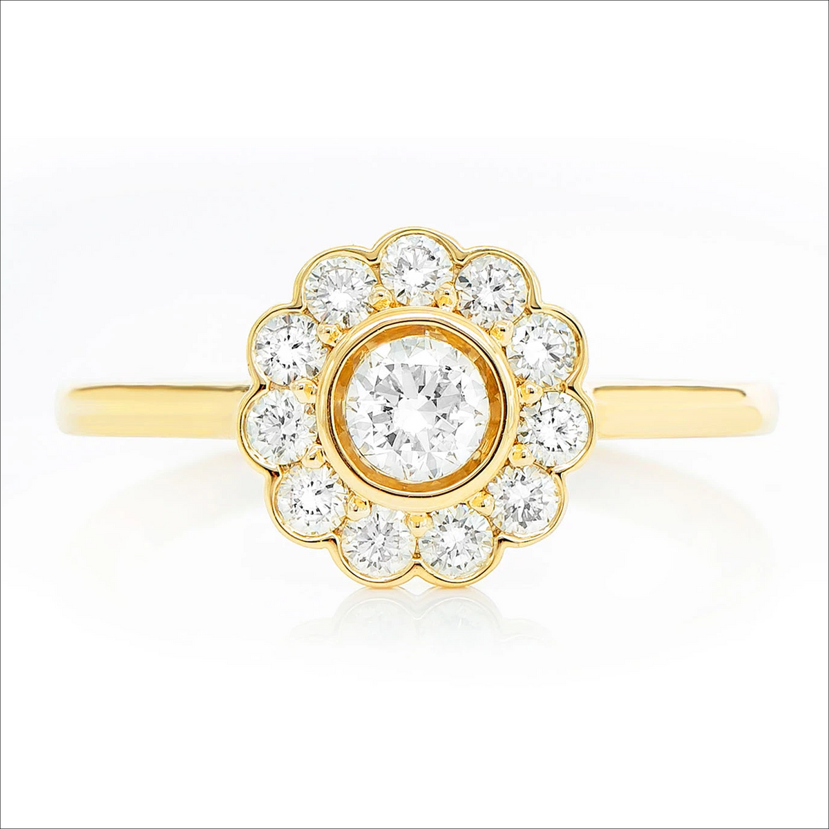 Flower bezel halo diamond ring in 14K yellow gold, front view