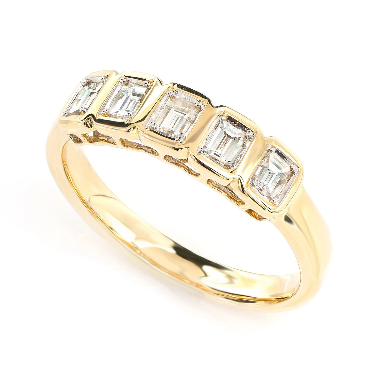 5 Stone Baguette Bezel Ring 14k in yellow gold, front view