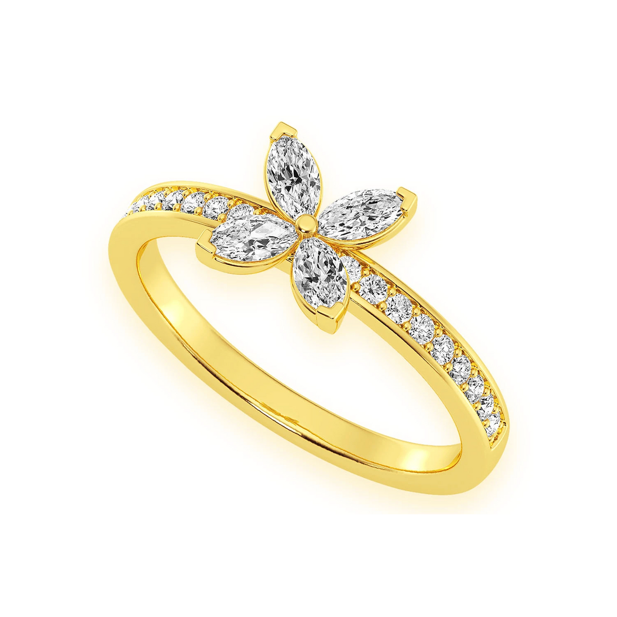 Marquise Flower Diamond Ring 14k in yellow gold, front view
