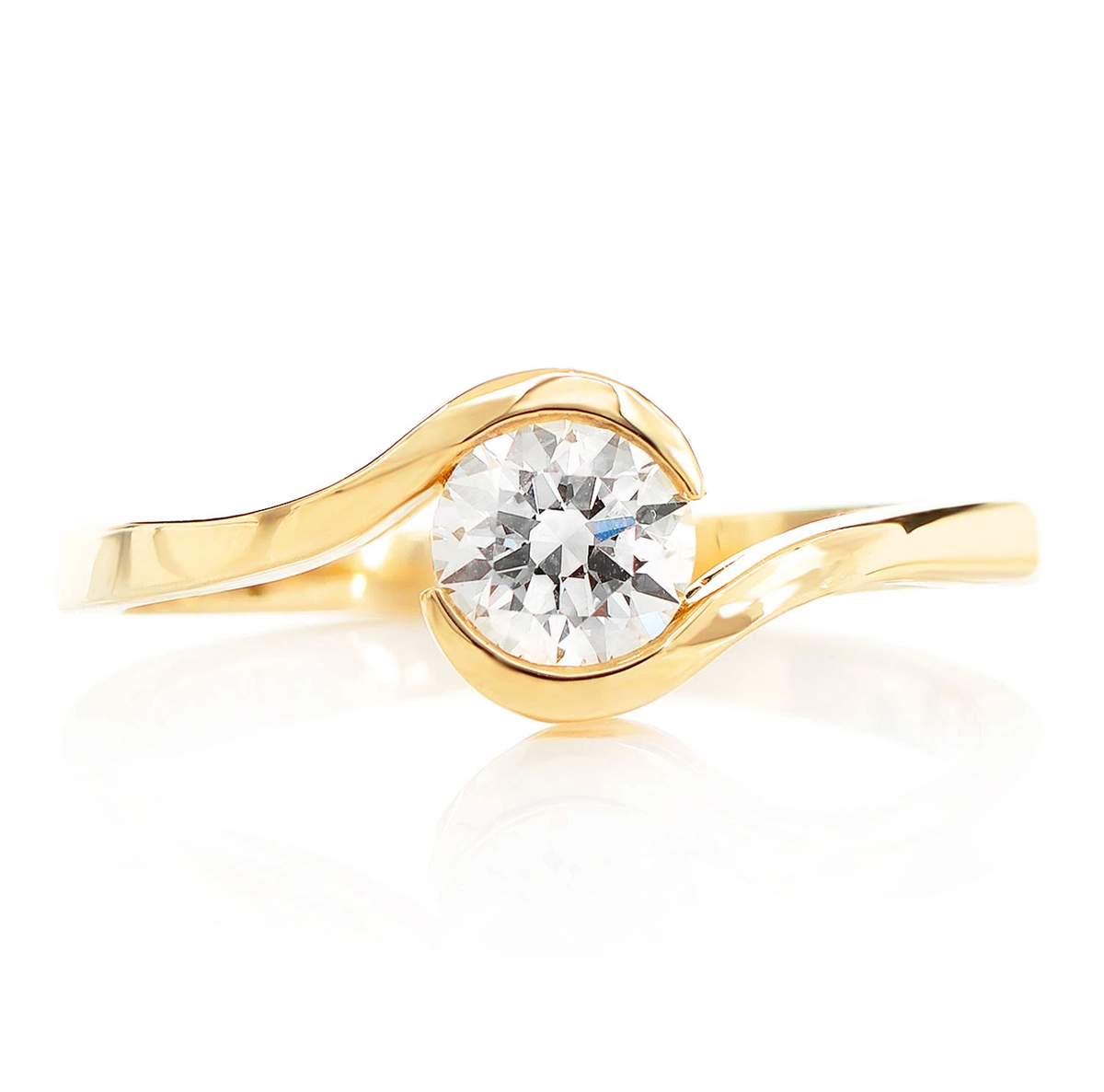 Bypass solitaire engagement ring in 14K yellow gold, front view