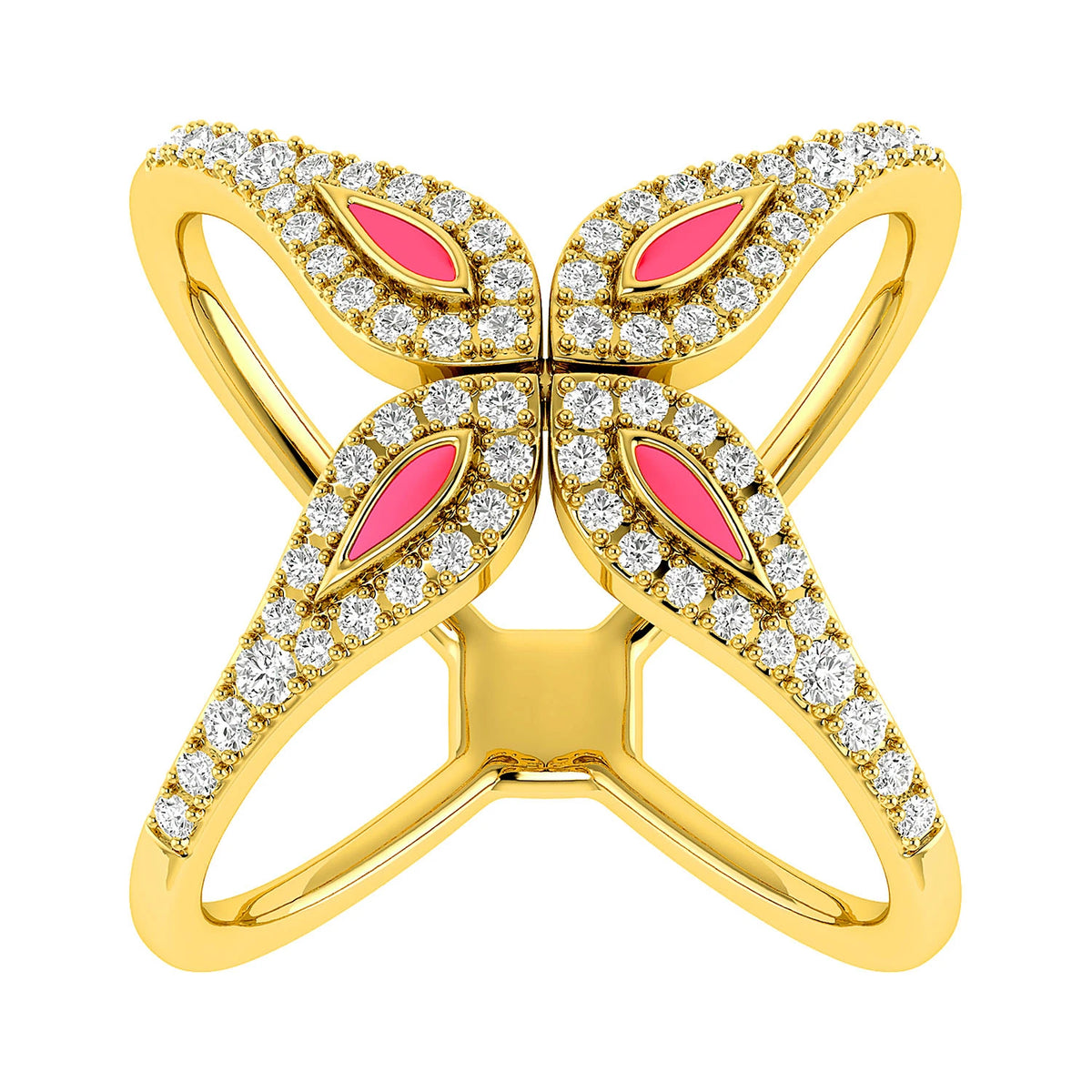 Criss-Cross Pink Enamel Diamond Ring 14k in yellow gold, front view