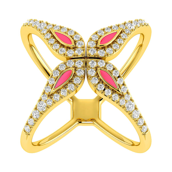 Criss-Cross Pink Enamel Diamond Ring 14k
