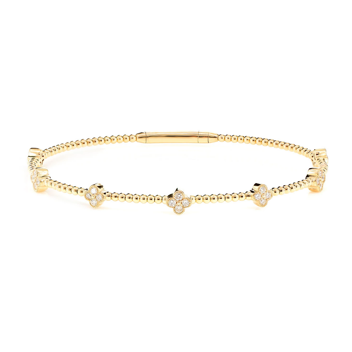 Milgrain Clover Diamond Flex Bangle Bracelet in 14K yellow gold, 0.45ctw, front view
