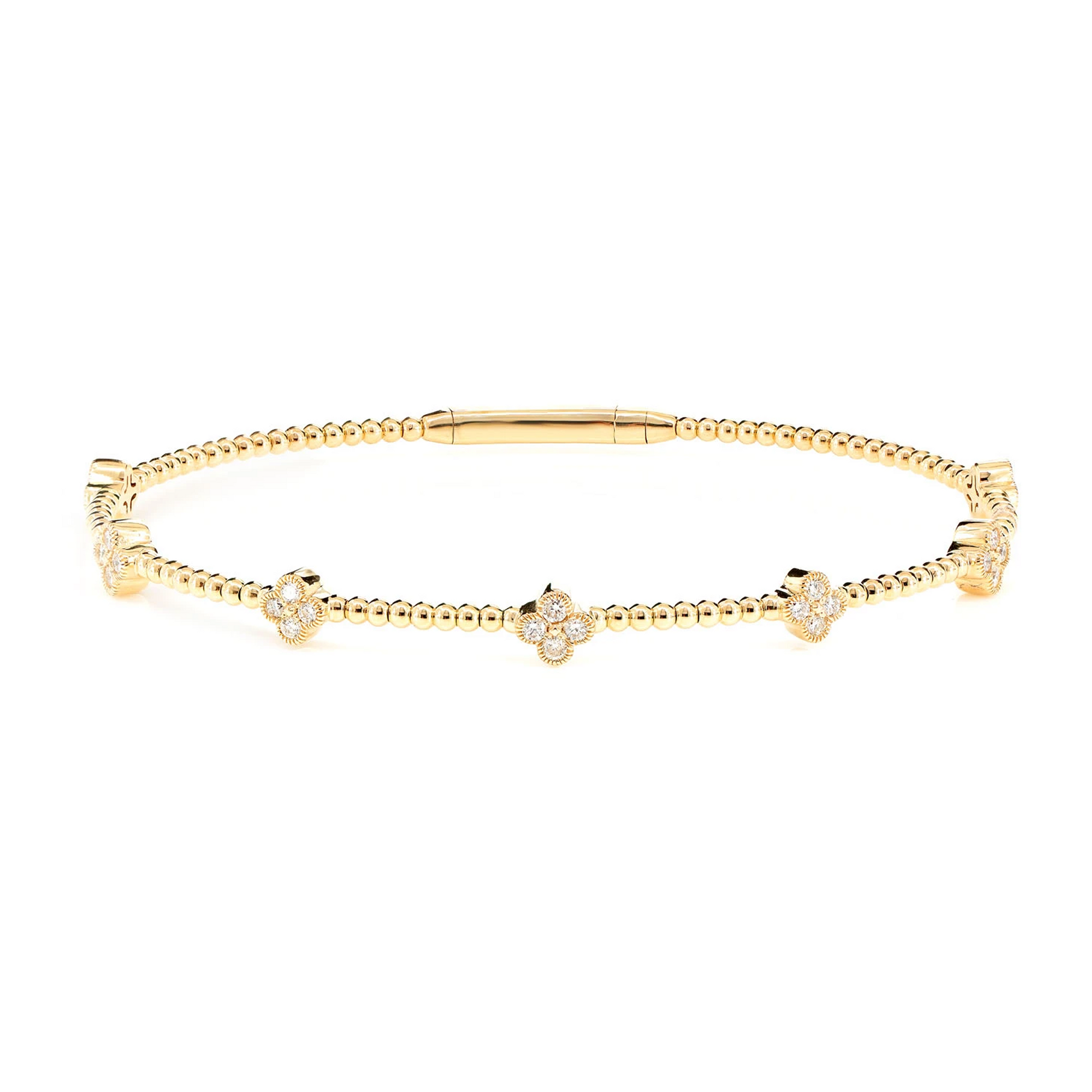 Milgrain Clover Diamond Flex Bangle Bracelet in 14K yellow gold, 0.45ctw, front view