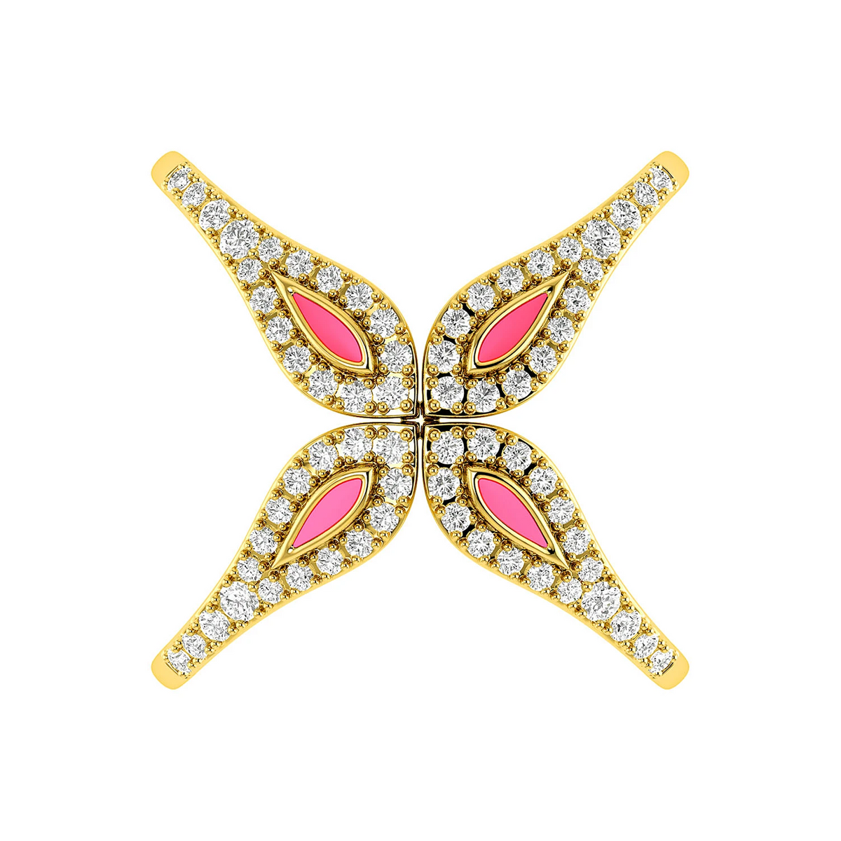 Criss-Cross Pink Enamel Diamond Ring 14k in yellow gold, worn on hand