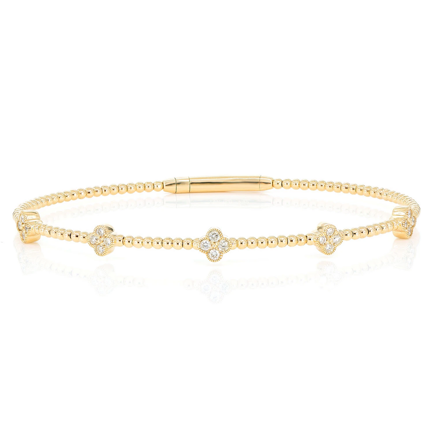 Milgrain Clover Diamond Flex Bangle Bracelet in 14K yellow gold, 0.33ctw, front view