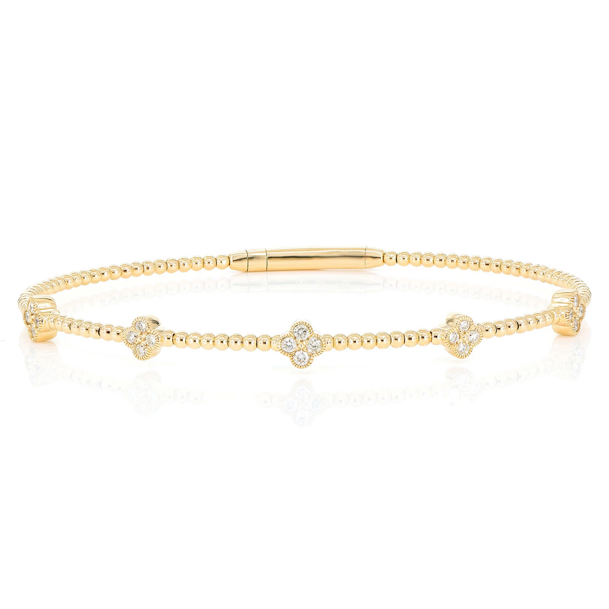Milgrain Clover Diamond Flex Bangle Bracelet in 14K yellow gold, 0.33ctw, front view