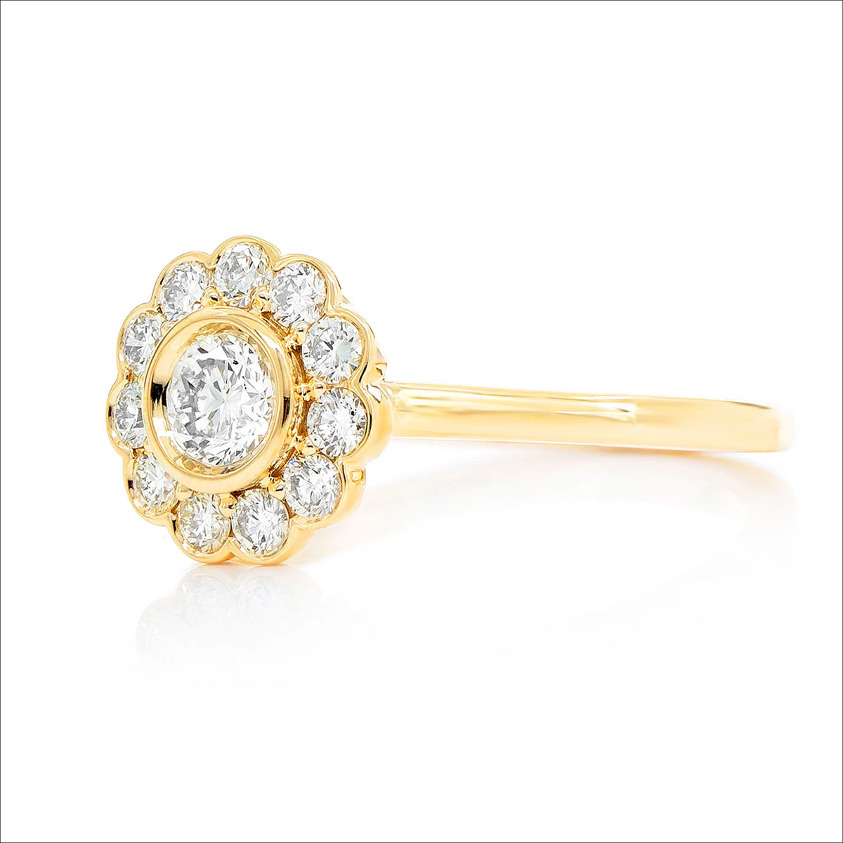 Flower bezel halo diamond ring in 14K yellow gold, side view