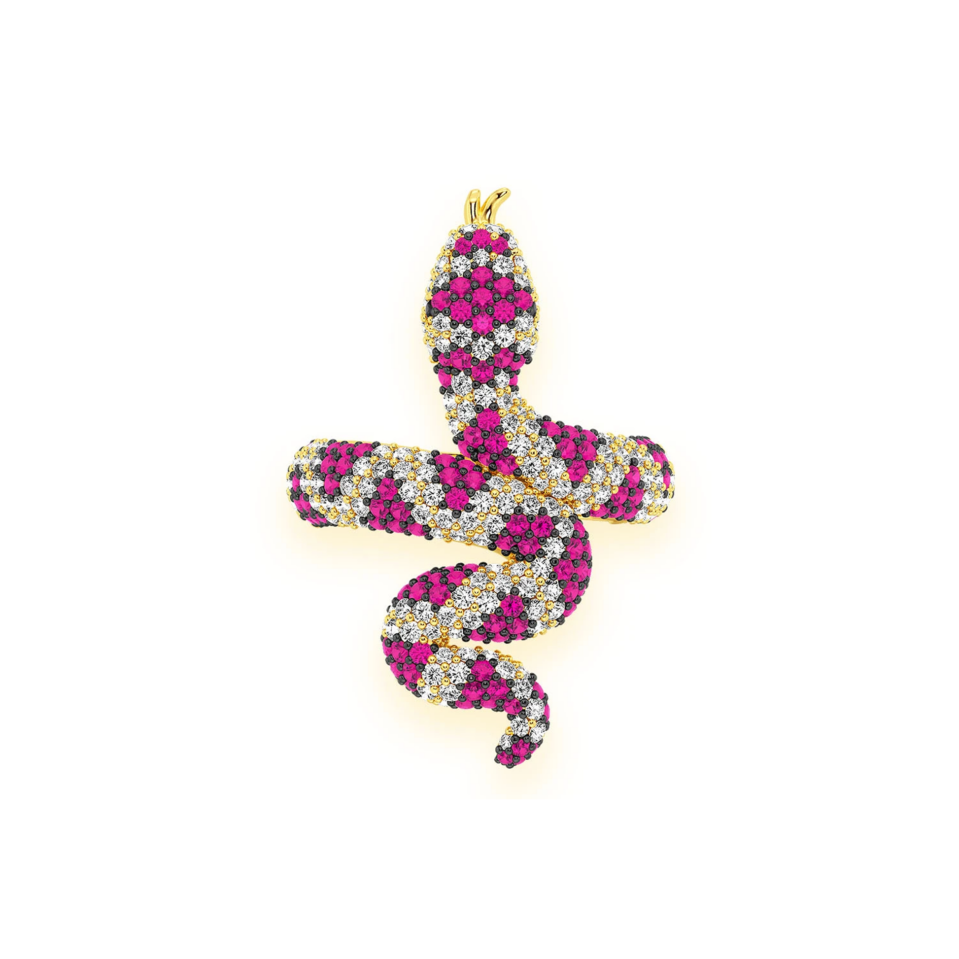 Snake Diamond Ring in 14K yellow gold, Ruby, front view