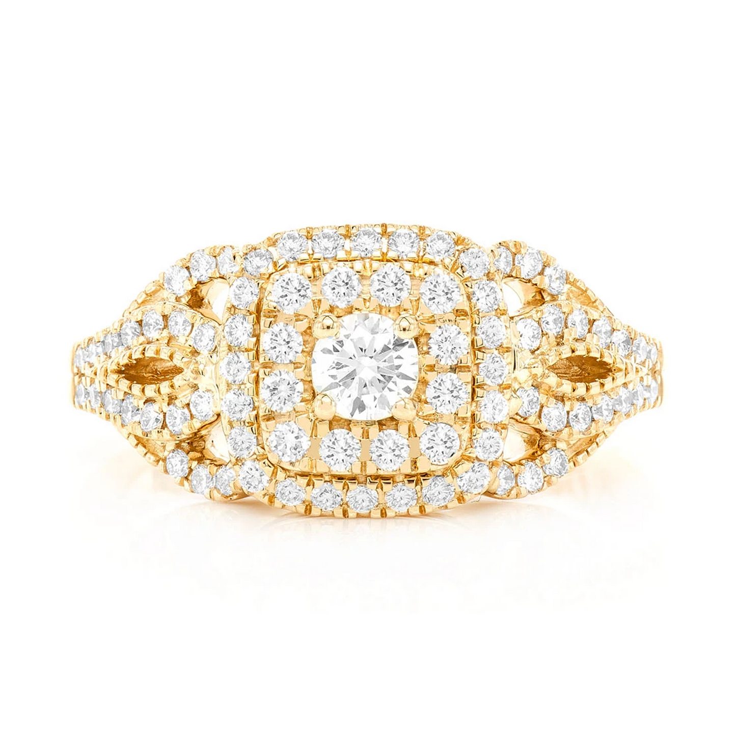 Fancy Shank Cushion Double Halo Ring in 14K yellow gold, front view