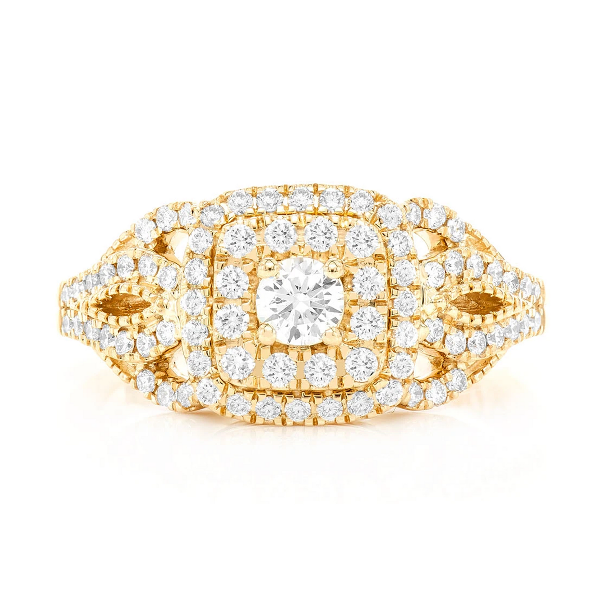 Fancy Shank Cushion Double Halo Ring in 14K yellow gold, front view