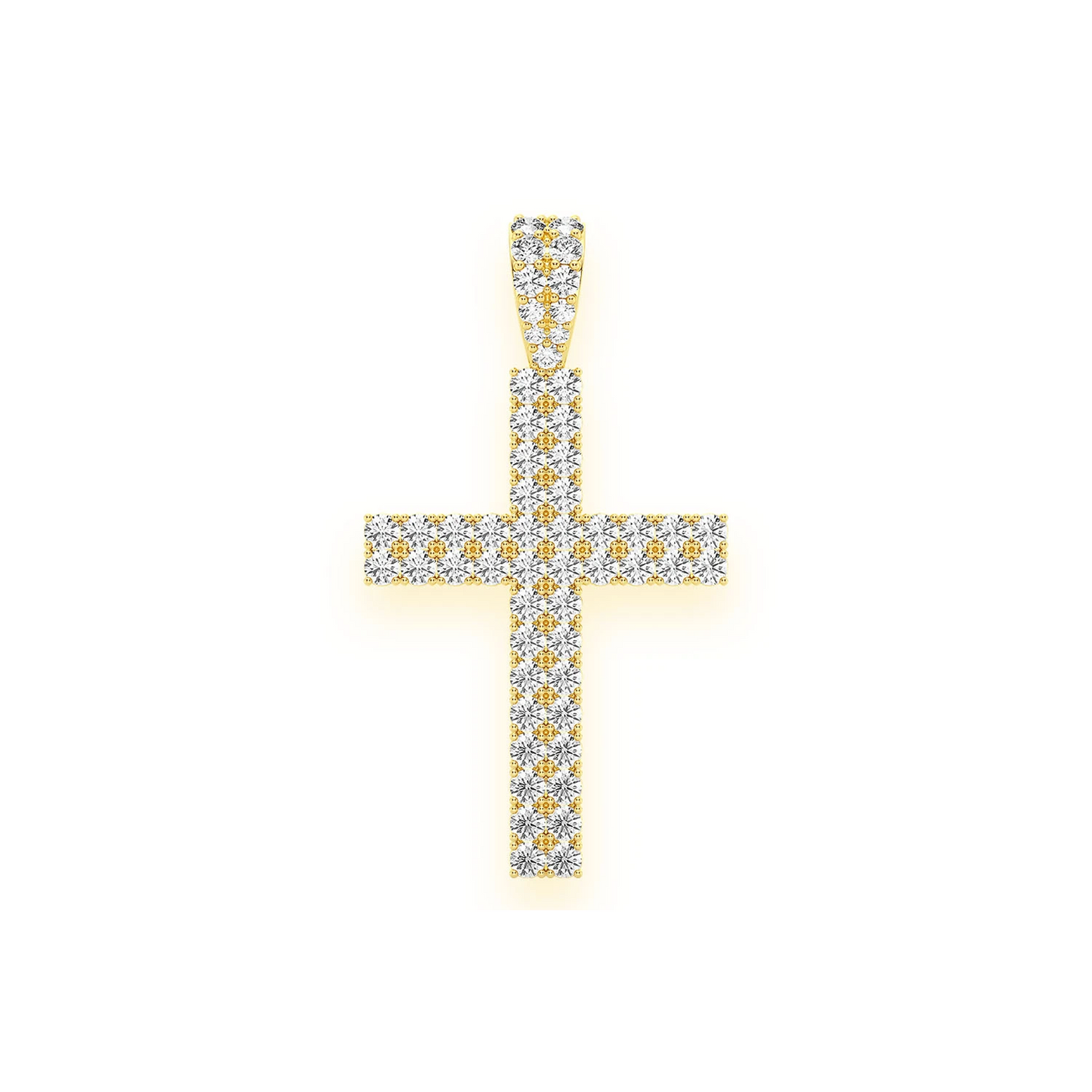 Two Row Diamond Cross Pendant in 14K yellow gold, Statement | 2.25ctw | Iced Out Bail, front view