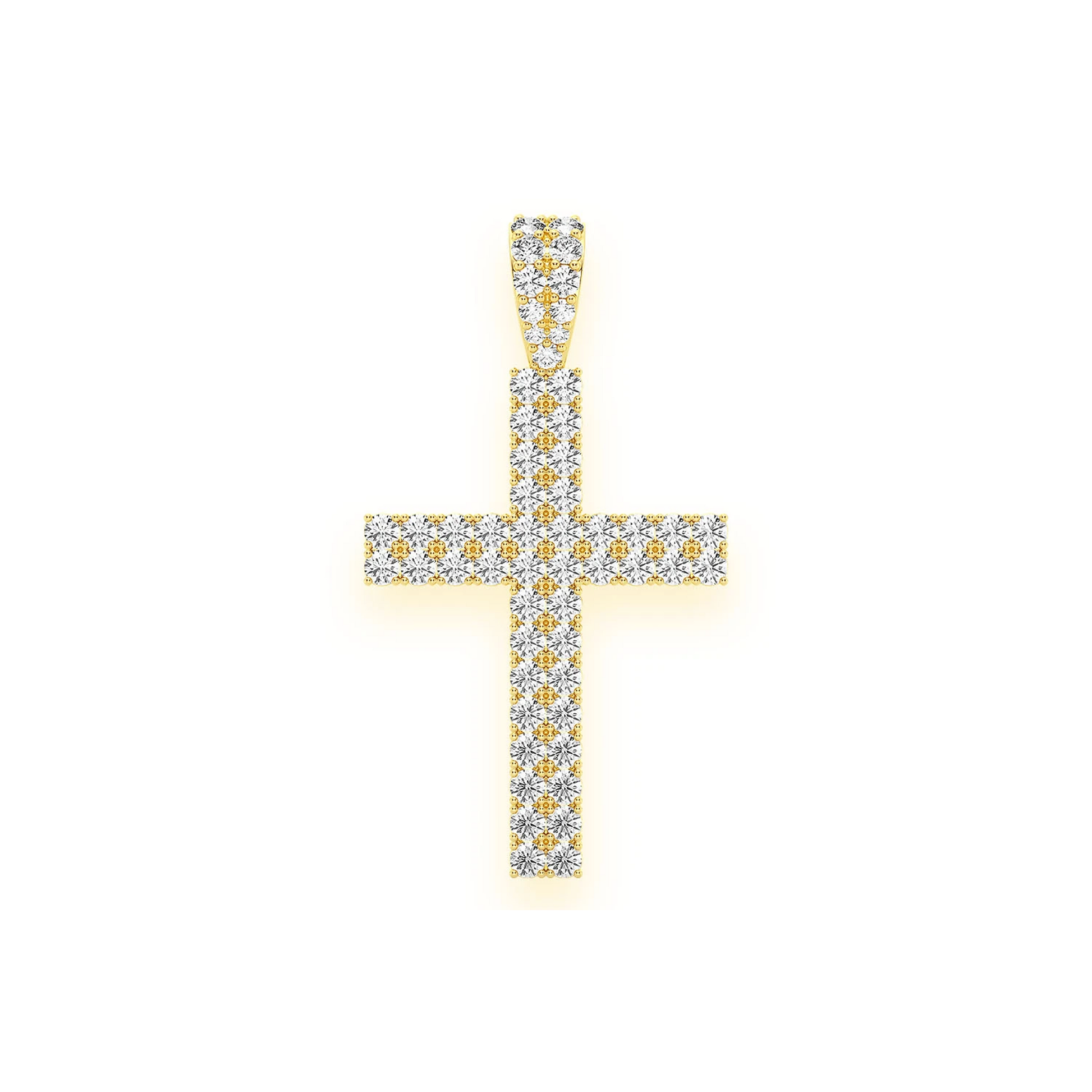 Two Row Diamond Cross Pendant in 14K yellow gold, Statement | 2.25ctw | Iced Out Bail, front view