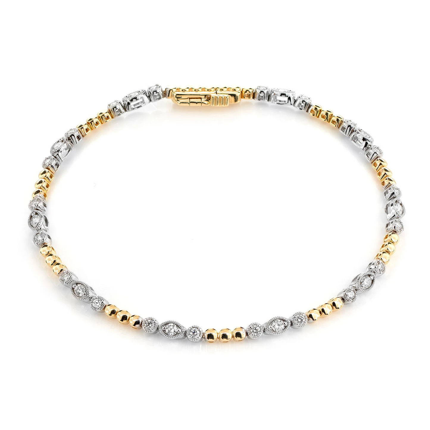 Oval & Round Bezel Diamond Link Bracelet in two-tone 14k gold, front view