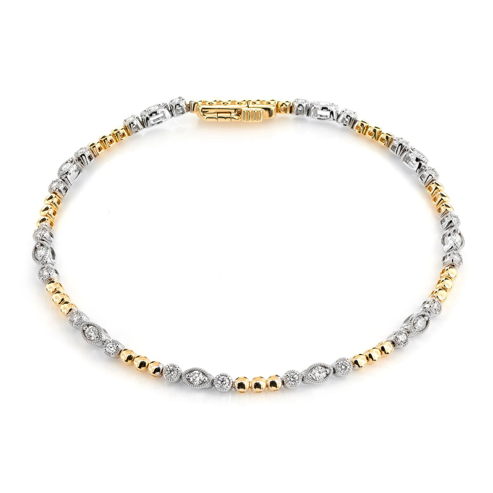 Oval & Round Bezel Diamond Link Bracelet in two-tone 14k gold, front view