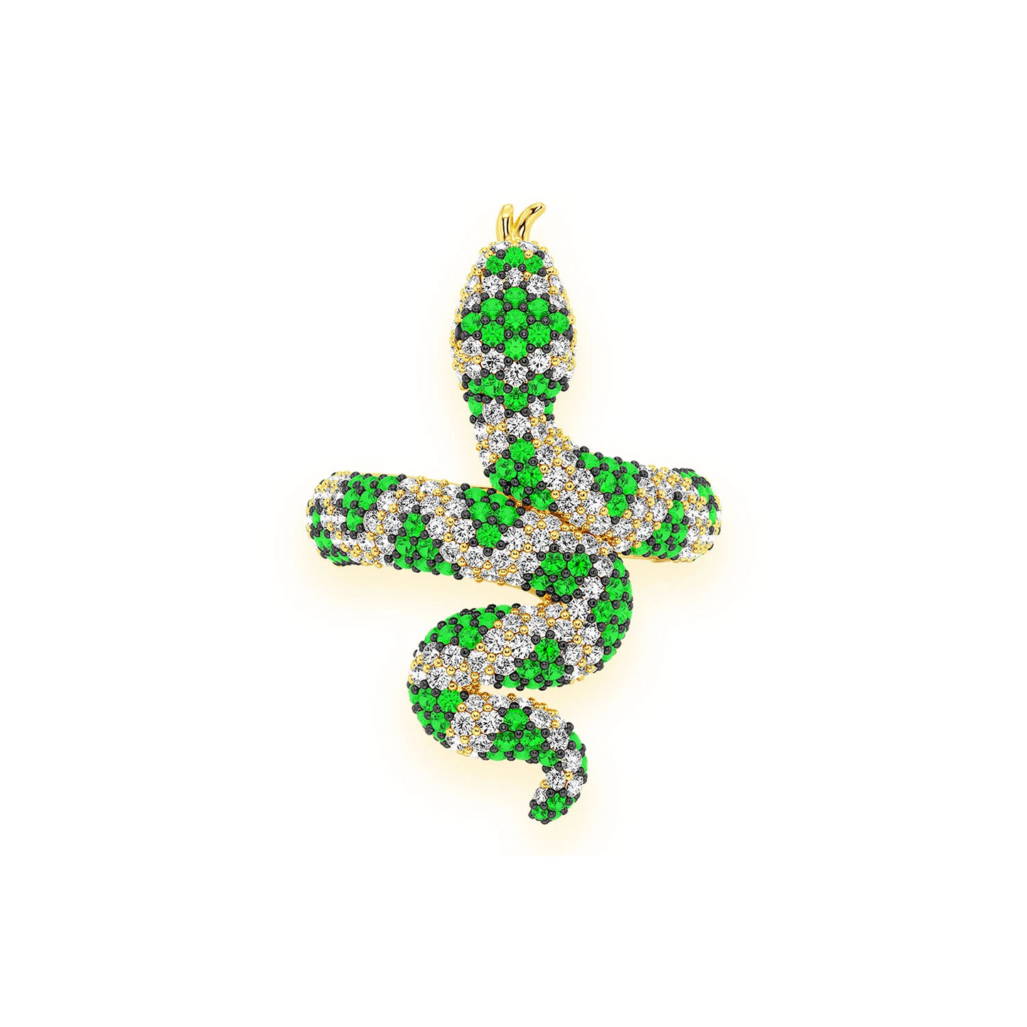 Snake Diamond Ring in 14K yellow gold, Emerald, front view