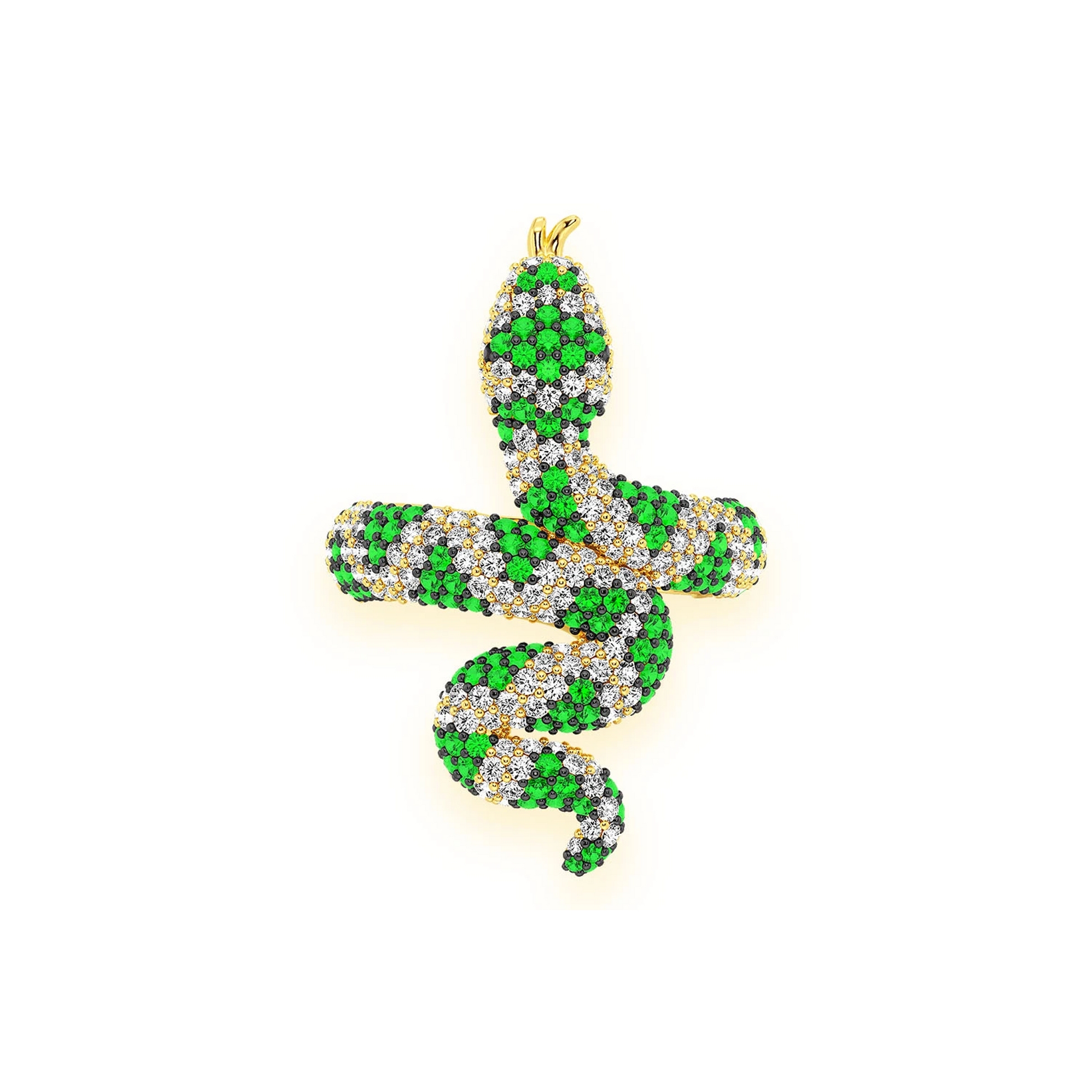 Snake Diamond Ring in 14K yellow gold, Emerald, front view