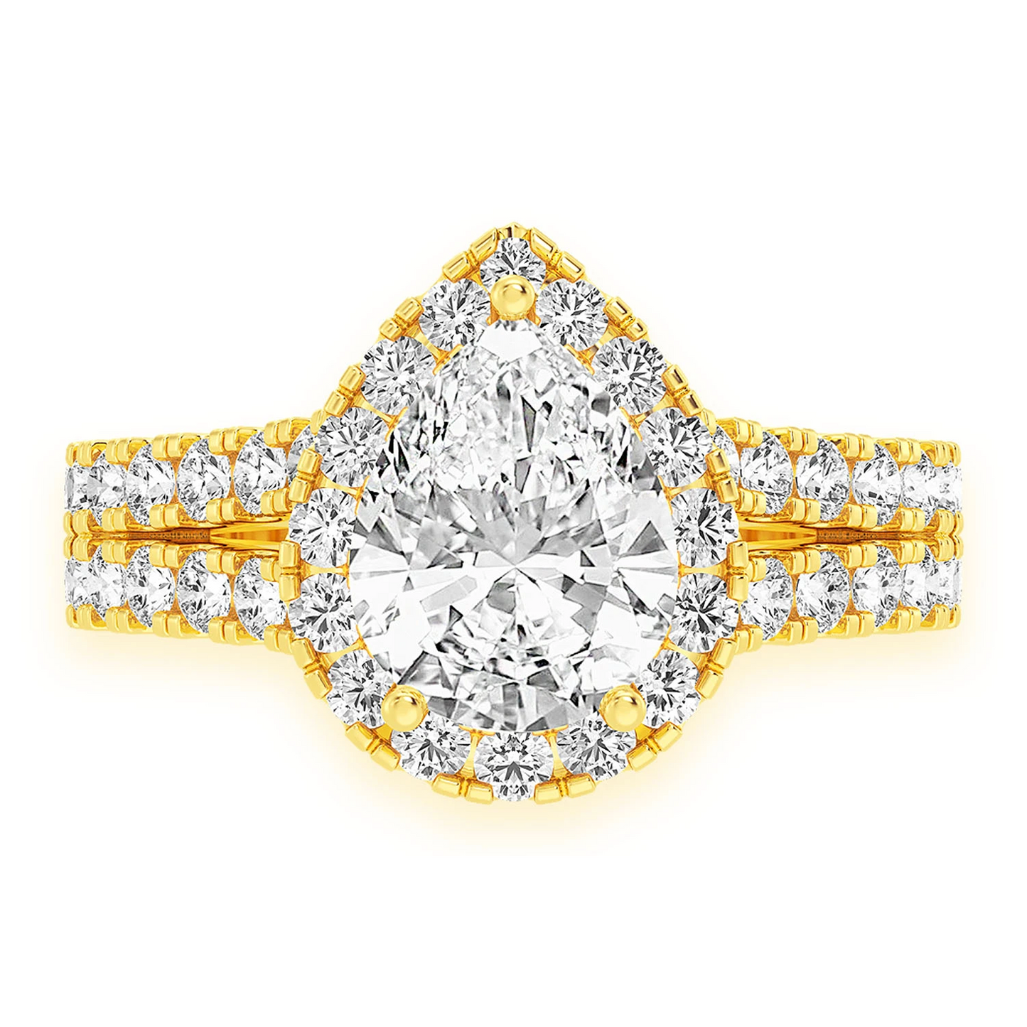Classic Pear Solitaire Two Row Split Scallop Ring in 14K yellow gold, front view