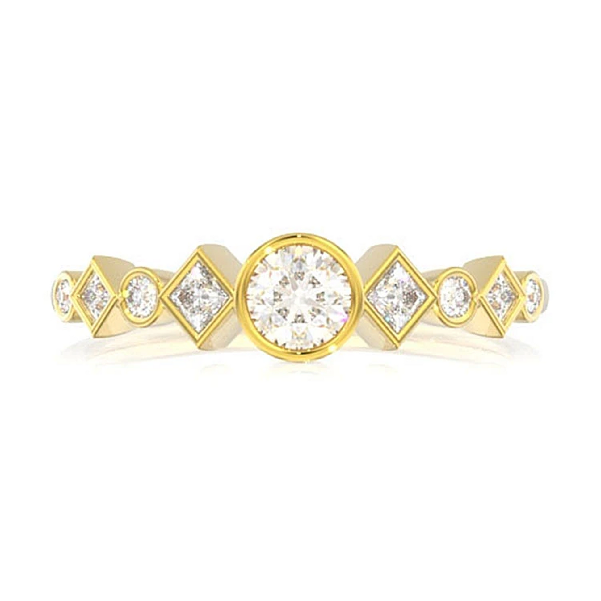 Nine Stone Round & Princess Diamond Ring in 14K yellow gold, front view