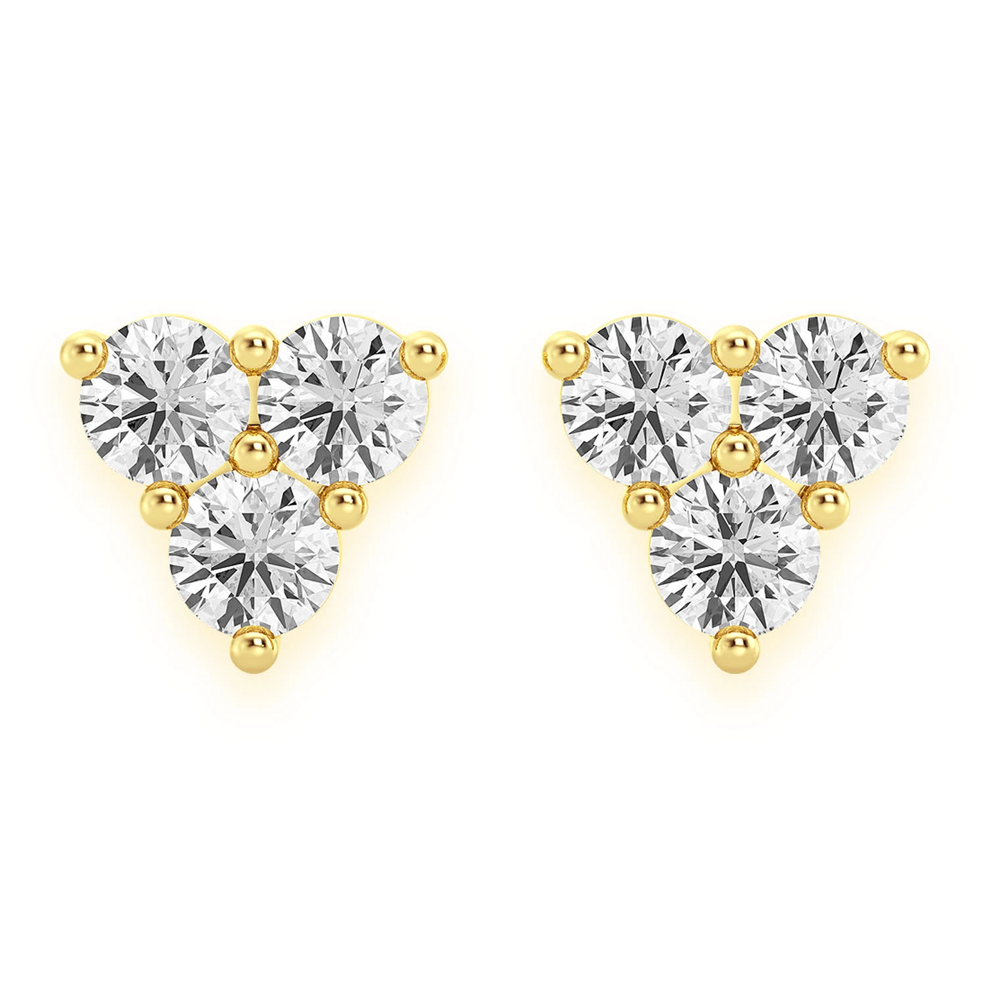 Triangle Diamond Studs in 14K yellow gold, Three-Stone, front view