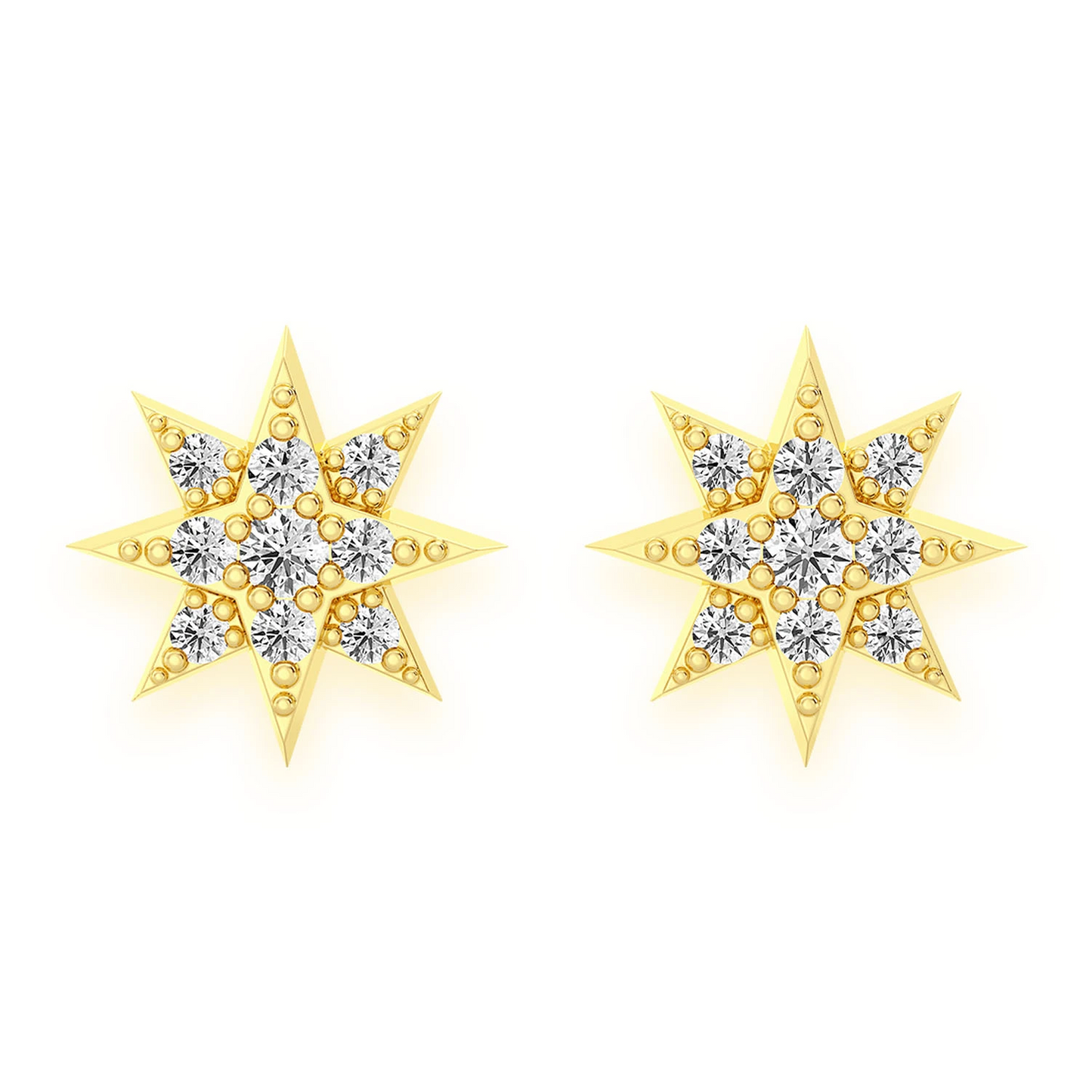 Eight Point Star Diamond Studs in 14K yellow gold, Accent, front view