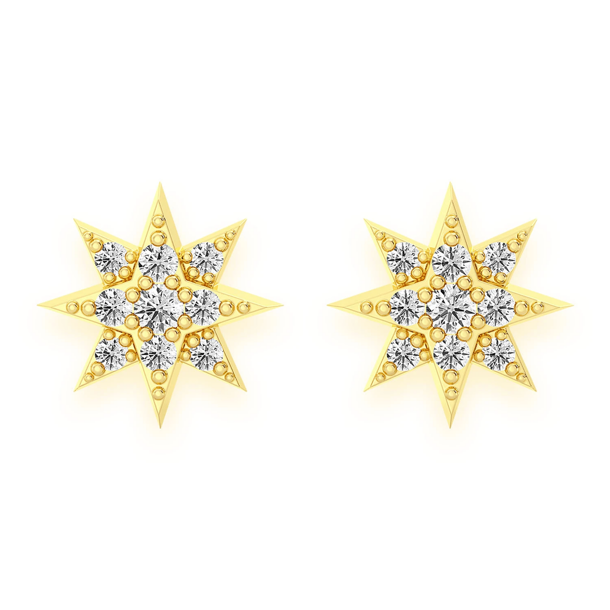 Eight Point Star Diamond Studs in 14K yellow gold, Accent, front view